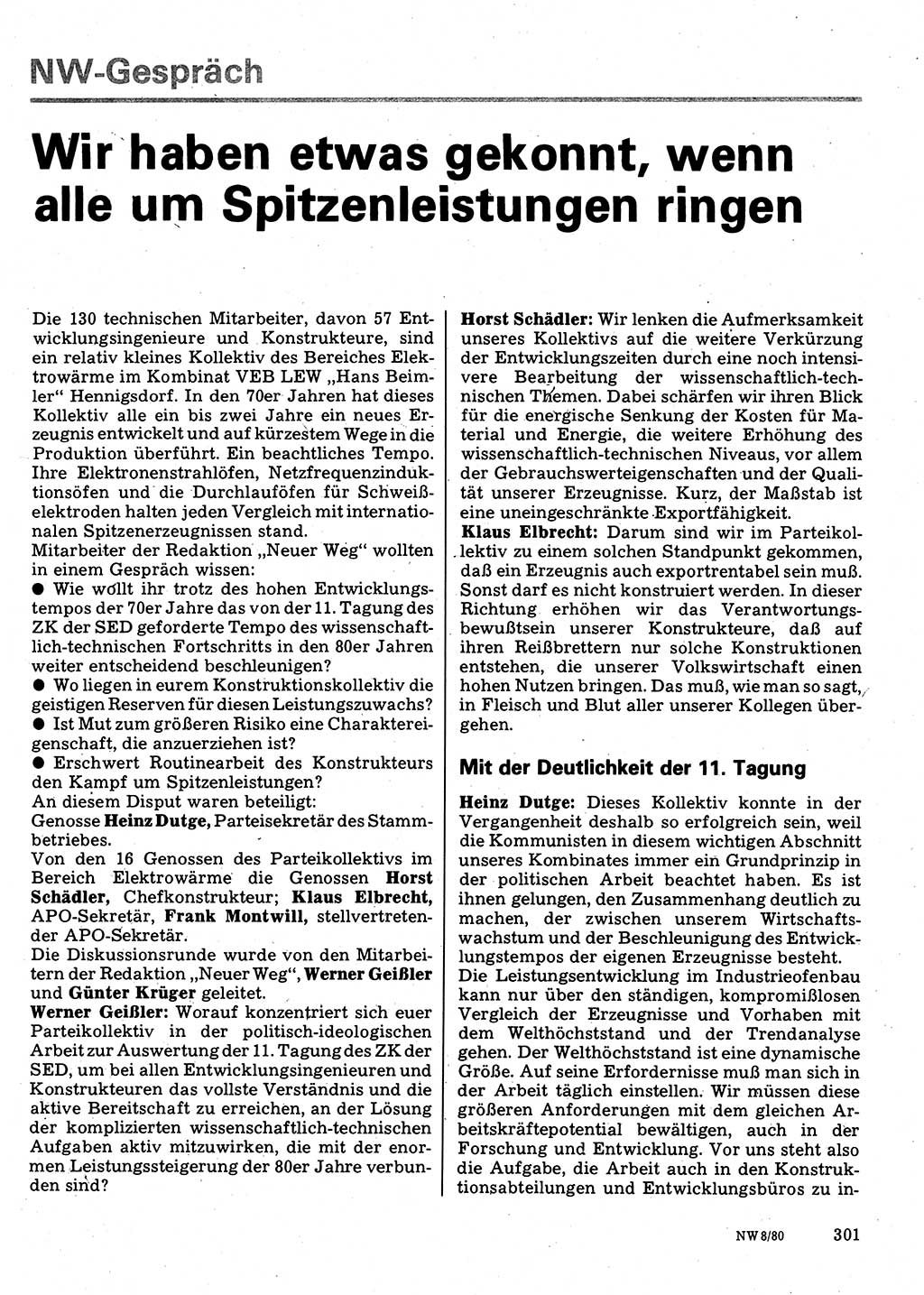 Neuer Weg (NW), Organ des Zentralkomitees (ZK) der SED (Sozialistische Einheitspartei Deutschlands) für Fragen des Parteilebens, 35. Jahrgang [Deutsche Demokratische Republik (DDR)] 1980, Seite 301 (NW ZK SED DDR 1980, S. 301)