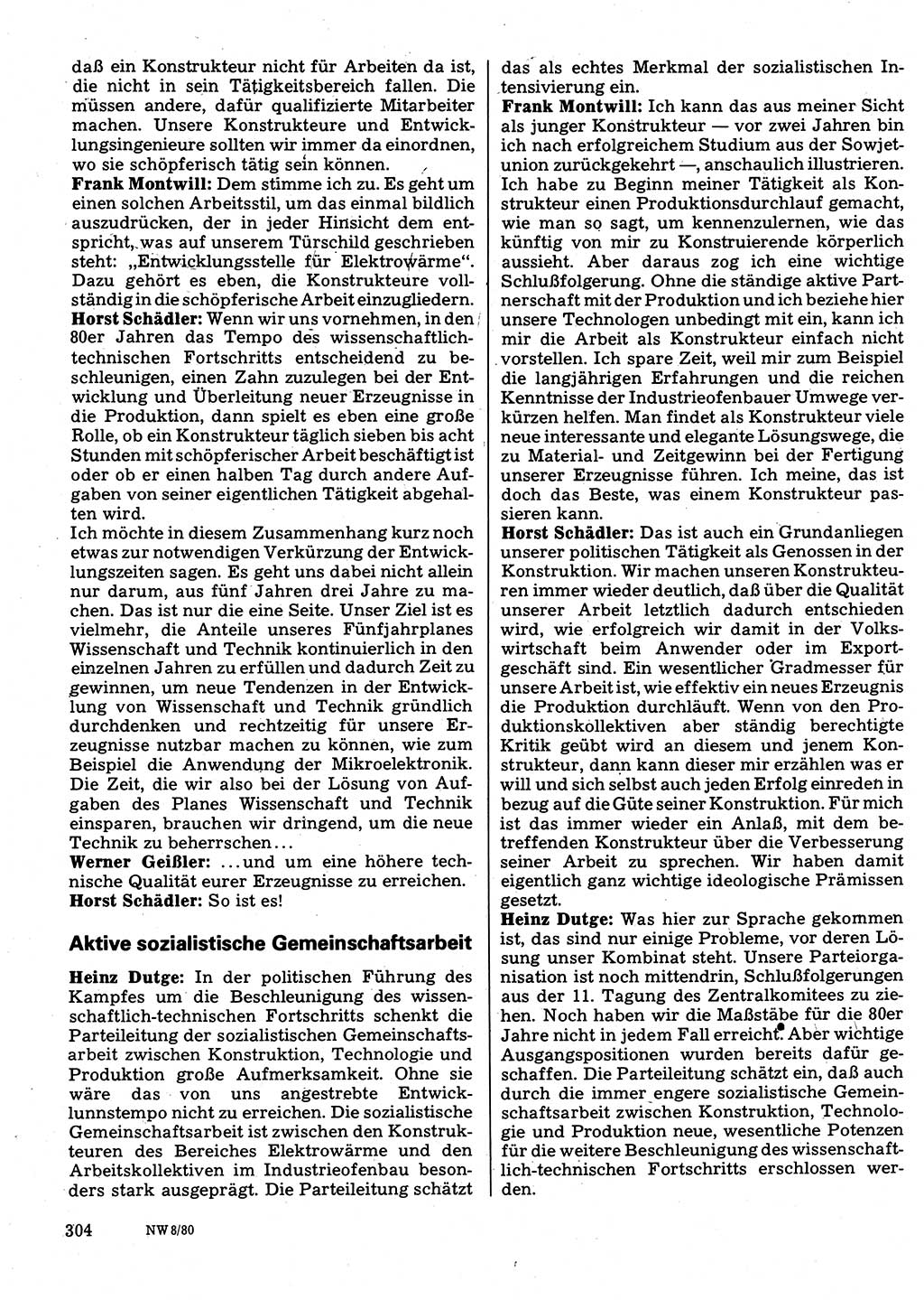 Neuer Weg (NW), Organ des Zentralkomitees (ZK) der SED (Sozialistische Einheitspartei Deutschlands) für Fragen des Parteilebens, 35. Jahrgang [Deutsche Demokratische Republik (DDR)] 1980, Seite 304 (NW ZK SED DDR 1980, S. 304)
