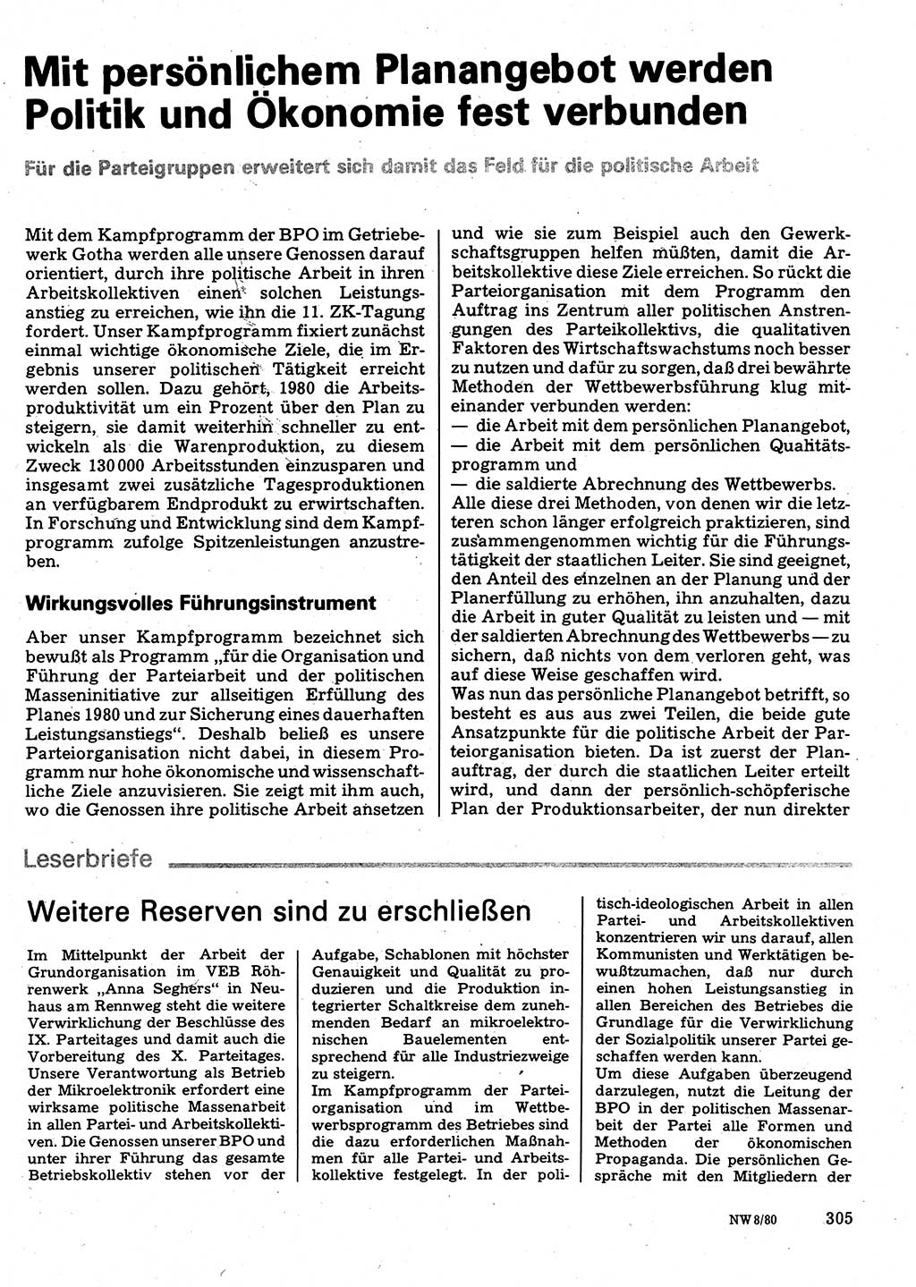 Neuer Weg (NW), Organ des Zentralkomitees (ZK) der SED (Sozialistische Einheitspartei Deutschlands) für Fragen des Parteilebens, 35. Jahrgang [Deutsche Demokratische Republik (DDR)] 1980, Seite 305 (NW ZK SED DDR 1980, S. 305)