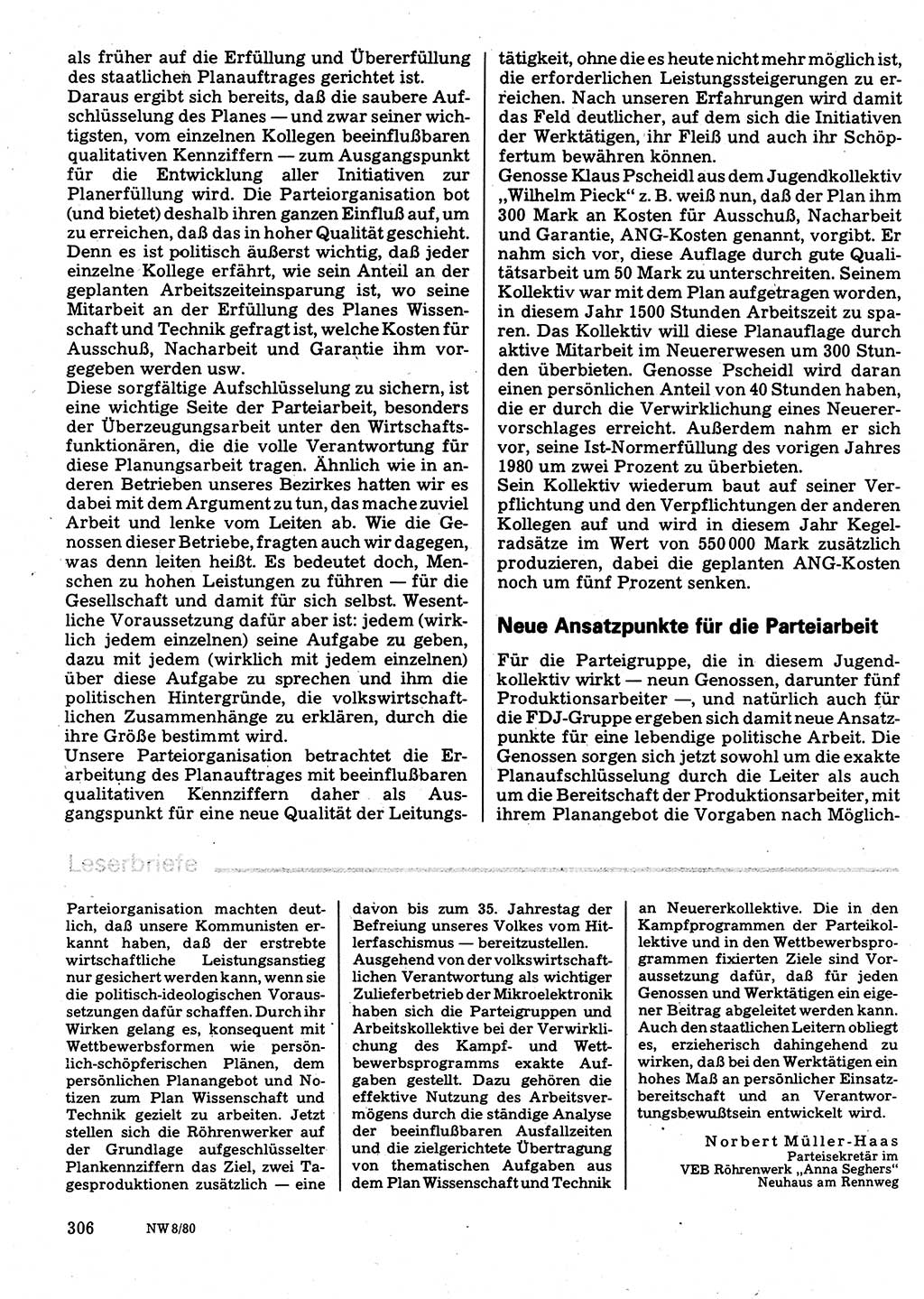 Neuer Weg (NW), Organ des Zentralkomitees (ZK) der SED (Sozialistische Einheitspartei Deutschlands) für Fragen des Parteilebens, 35. Jahrgang [Deutsche Demokratische Republik (DDR)] 1980, Seite 306 (NW ZK SED DDR 1980, S. 306)