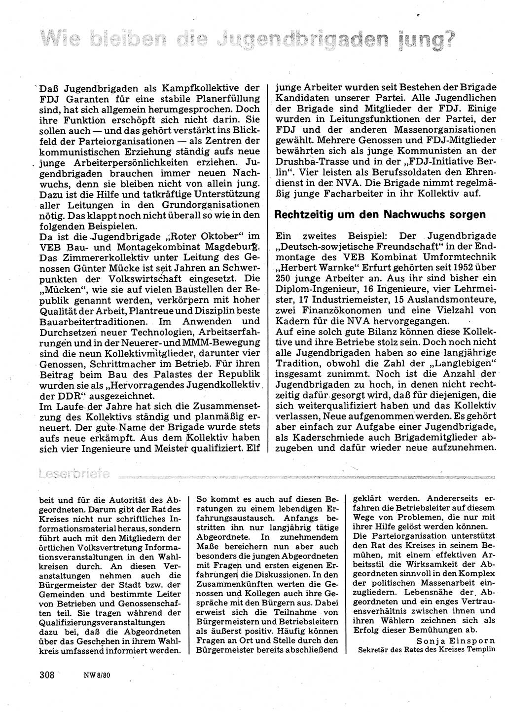 Neuer Weg (NW), Organ des Zentralkomitees (ZK) der SED (Sozialistische Einheitspartei Deutschlands) für Fragen des Parteilebens, 35. Jahrgang [Deutsche Demokratische Republik (DDR)] 1980, Seite 308 (NW ZK SED DDR 1980, S. 308)