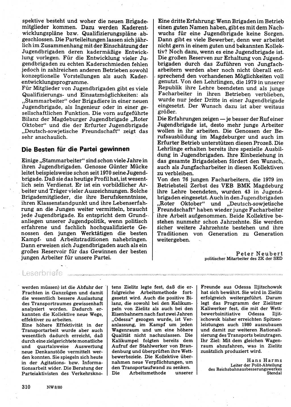 Neuer Weg (NW), Organ des Zentralkomitees (ZK) der SED (Sozialistische Einheitspartei Deutschlands) für Fragen des Parteilebens, 35. Jahrgang [Deutsche Demokratische Republik (DDR)] 1980, Seite 310 (NW ZK SED DDR 1980, S. 310)