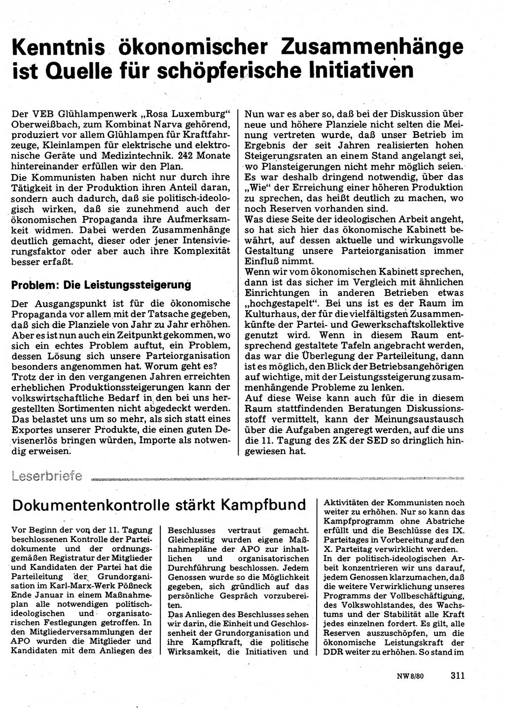 Neuer Weg (NW), Organ des Zentralkomitees (ZK) der SED (Sozialistische Einheitspartei Deutschlands) für Fragen des Parteilebens, 35. Jahrgang [Deutsche Demokratische Republik (DDR)] 1980, Seite 311 (NW ZK SED DDR 1980, S. 311)