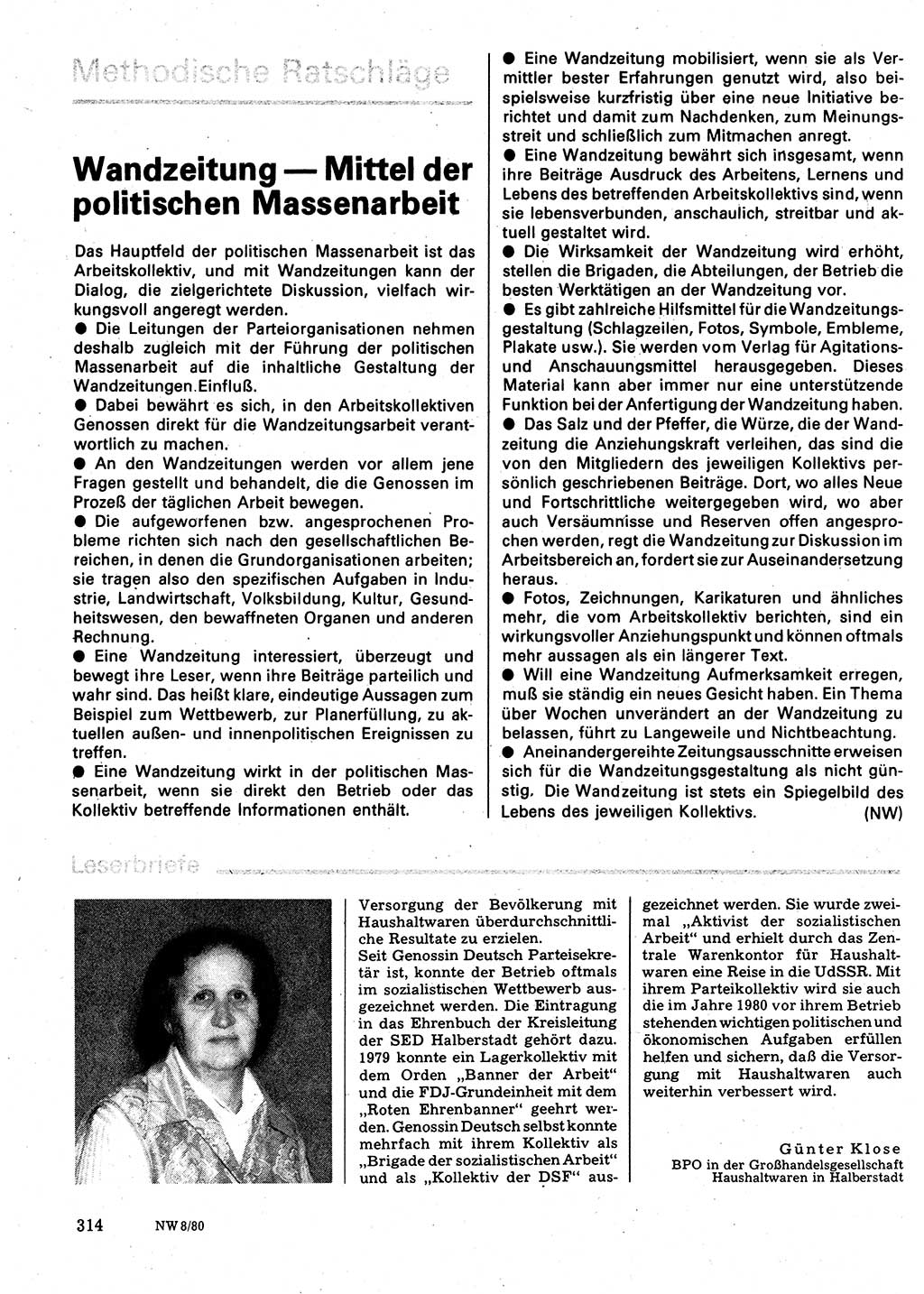 Neuer Weg (NW), Organ des Zentralkomitees (ZK) der SED (Sozialistische Einheitspartei Deutschlands) für Fragen des Parteilebens, 35. Jahrgang [Deutsche Demokratische Republik (DDR)] 1980, Seite 314 (NW ZK SED DDR 1980, S. 314)