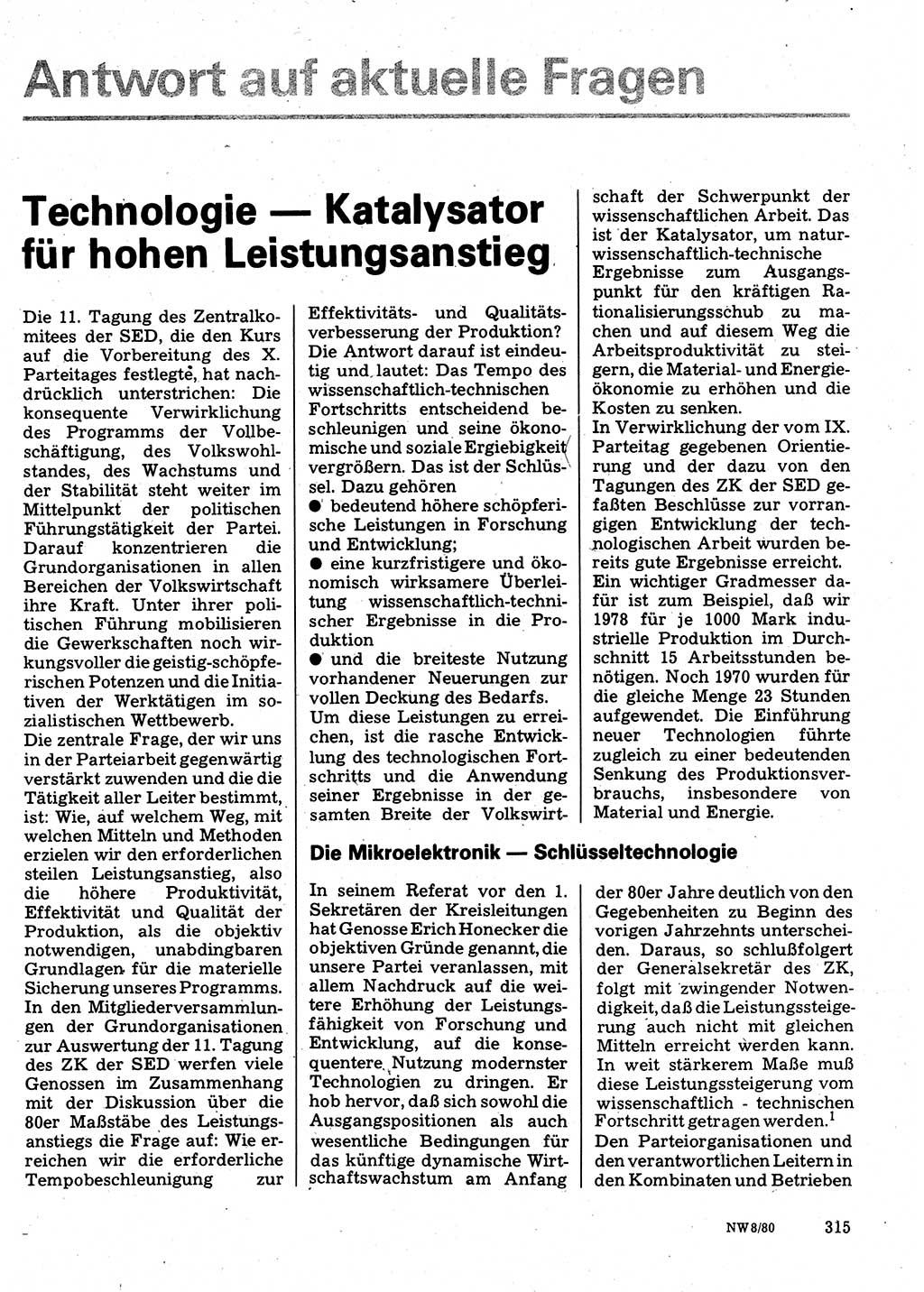 Neuer Weg (NW), Organ des Zentralkomitees (ZK) der SED (Sozialistische Einheitspartei Deutschlands) für Fragen des Parteilebens, 35. Jahrgang [Deutsche Demokratische Republik (DDR)] 1980, Seite 315 (NW ZK SED DDR 1980, S. 315)