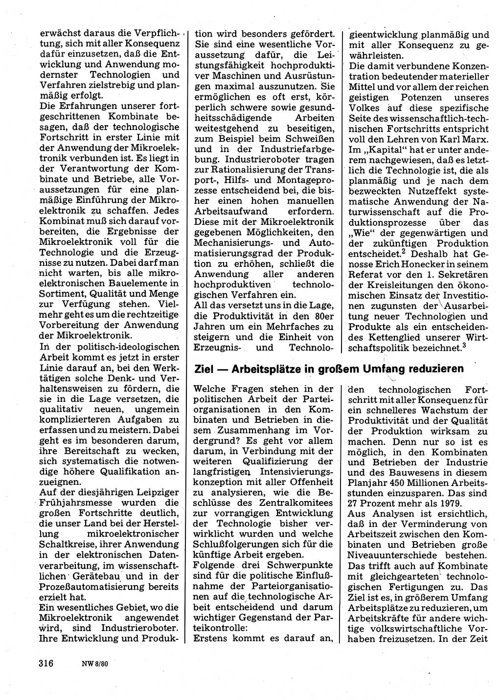 Neuer Weg (NW), Organ des Zentralkomitees (ZK) der SED (Sozialistische Einheitspartei Deutschlands) für Fragen des Parteilebens, 35. Jahrgang [Deutsche Demokratische Republik (DDR)] 1980, Seite 316 (NW ZK SED DDR 1980, S. 316)