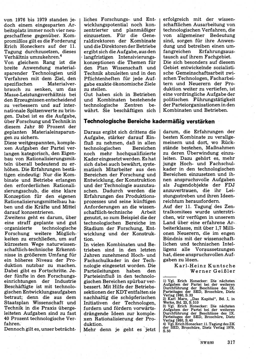 Neuer Weg (NW), Organ des Zentralkomitees (ZK) der SED (Sozialistische Einheitspartei Deutschlands) für Fragen des Parteilebens, 35. Jahrgang [Deutsche Demokratische Republik (DDR)] 1980, Seite 317 (NW ZK SED DDR 1980, S. 317)