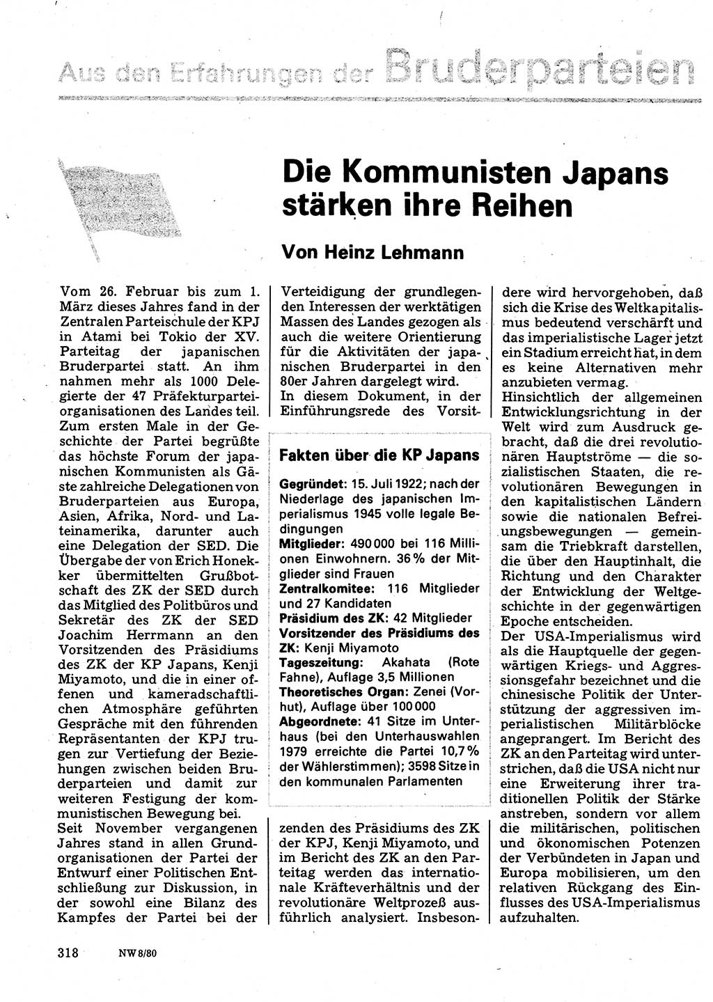 Neuer Weg (NW), Organ des Zentralkomitees (ZK) der SED (Sozialistische Einheitspartei Deutschlands) für Fragen des Parteilebens, 35. Jahrgang [Deutsche Demokratische Republik (DDR)] 1980, Seite 318 (NW ZK SED DDR 1980, S. 318)