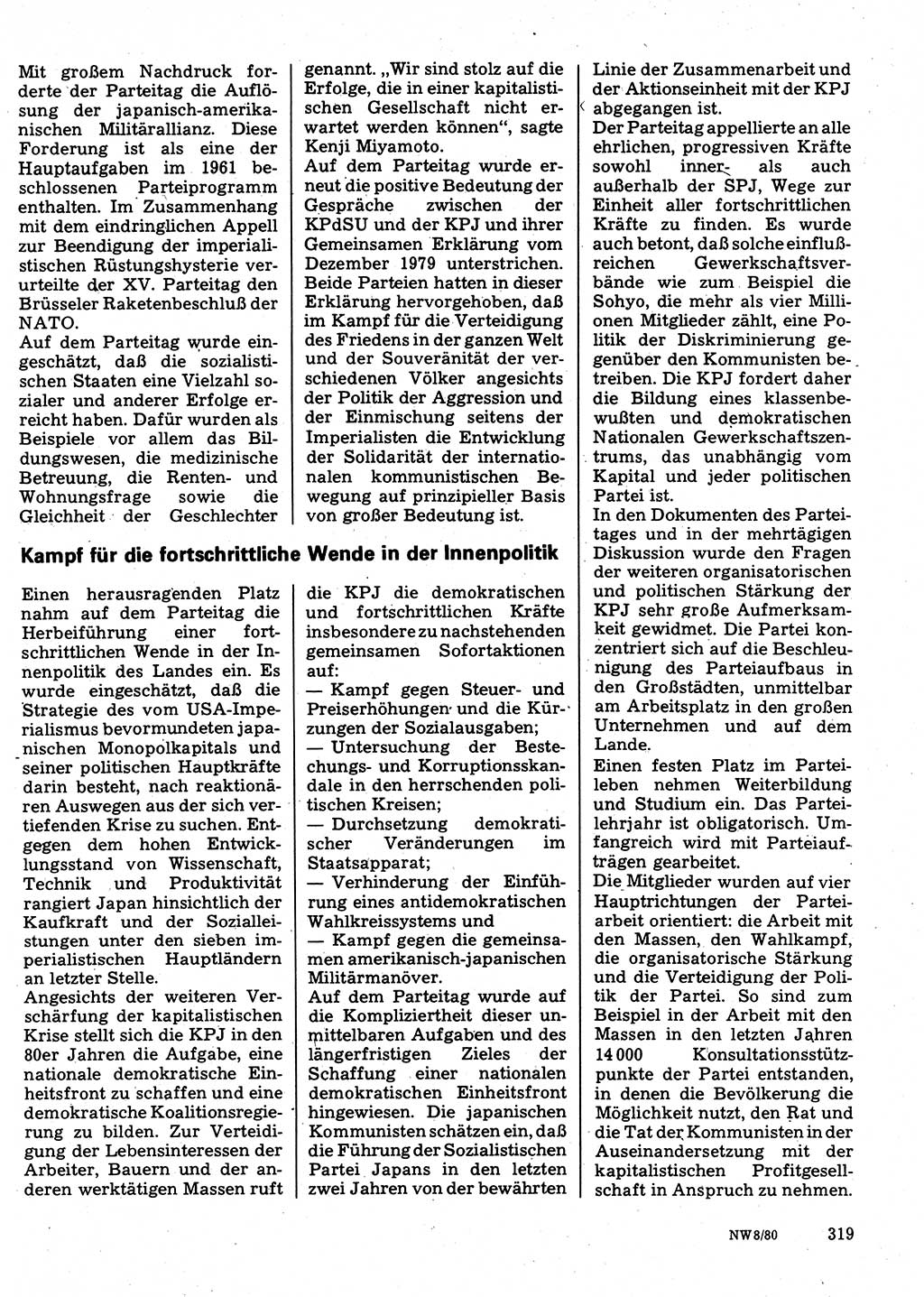 Neuer Weg (NW), Organ des Zentralkomitees (ZK) der SED (Sozialistische Einheitspartei Deutschlands) für Fragen des Parteilebens, 35. Jahrgang [Deutsche Demokratische Republik (DDR)] 1980, Seite 319 (NW ZK SED DDR 1980, S. 319)