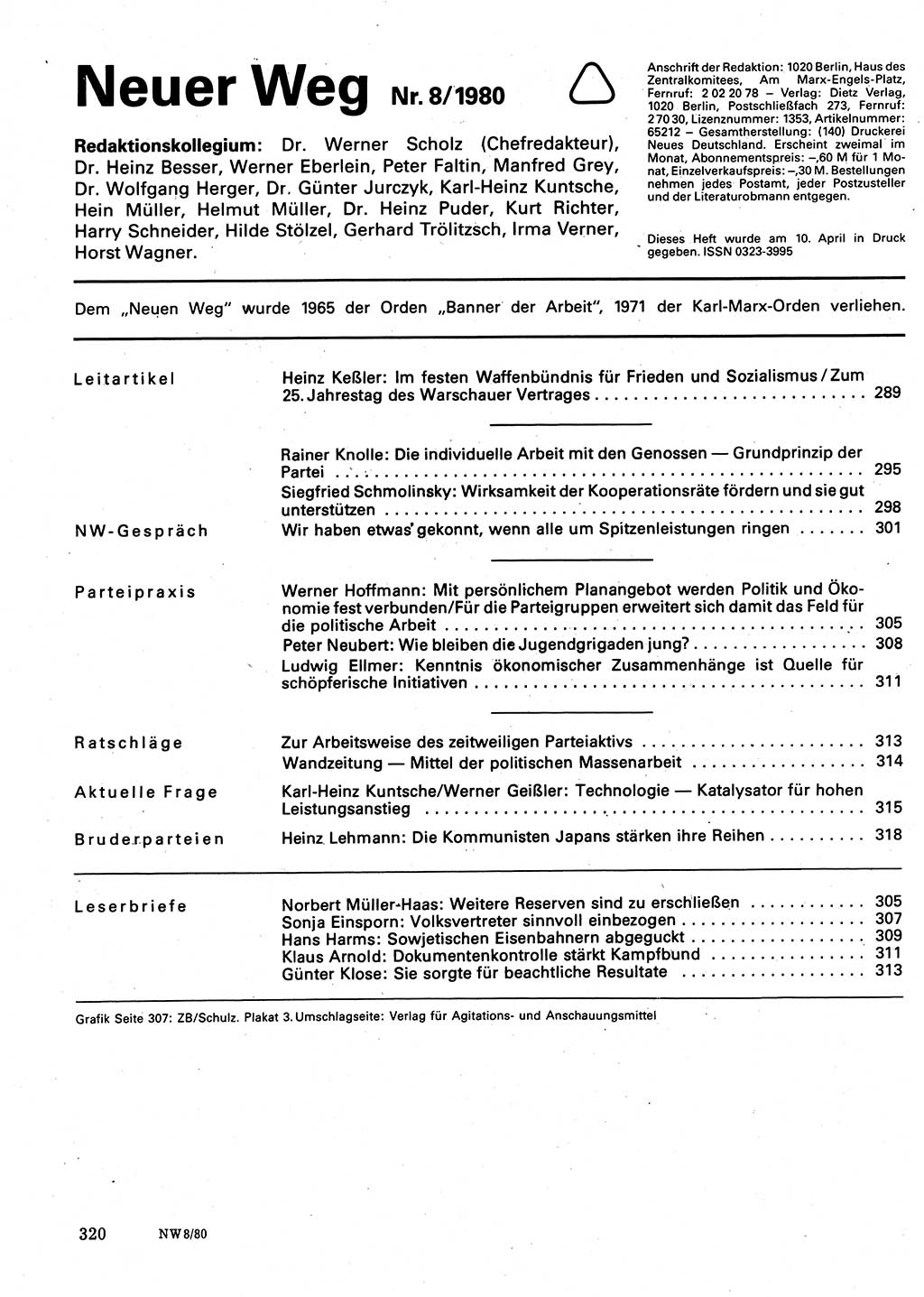 Neuer Weg (NW), Organ des Zentralkomitees (ZK) der SED (Sozialistische Einheitspartei Deutschlands) für Fragen des Parteilebens, 35. Jahrgang [Deutsche Demokratische Republik (DDR)] 1980, Seite 320 (NW ZK SED DDR 1980, S. 320)