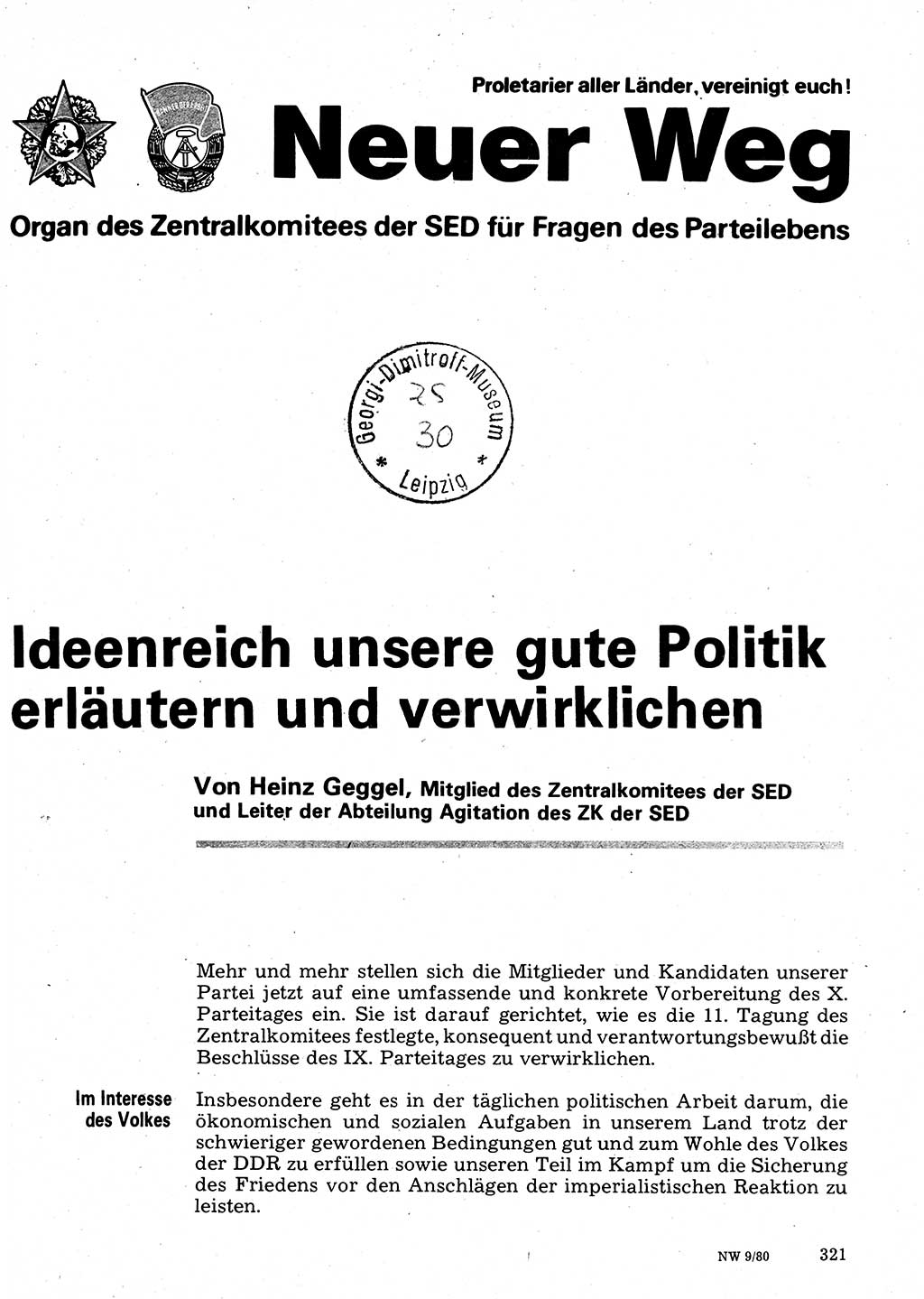 Neuer Weg (NW), Organ des Zentralkomitees (ZK) der SED (Sozialistische Einheitspartei Deutschlands) für Fragen des Parteilebens, 35. Jahrgang [Deutsche Demokratische Republik (DDR)] 1980, Seite 321 (NW ZK SED DDR 1980, S. 321)