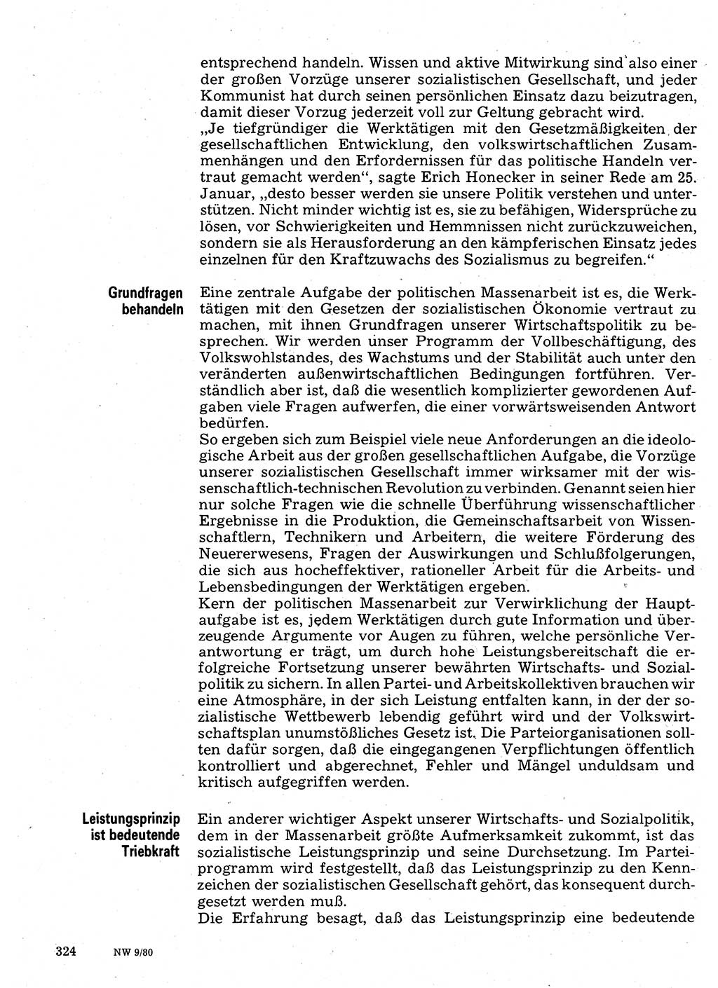 Neuer Weg (NW), Organ des Zentralkomitees (ZK) der SED (Sozialistische Einheitspartei Deutschlands) für Fragen des Parteilebens, 35. Jahrgang [Deutsche Demokratische Republik (DDR)] 1980, Seite 324 (NW ZK SED DDR 1980, S. 324)