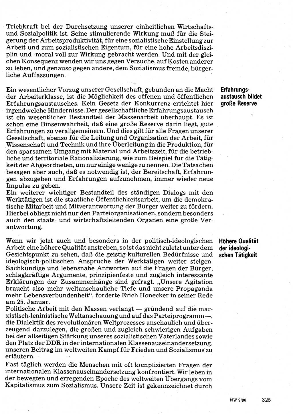 Neuer Weg (NW), Organ des Zentralkomitees (ZK) der SED (Sozialistische Einheitspartei Deutschlands) für Fragen des Parteilebens, 35. Jahrgang [Deutsche Demokratische Republik (DDR)] 1980, Seite 325 (NW ZK SED DDR 1980, S. 325)