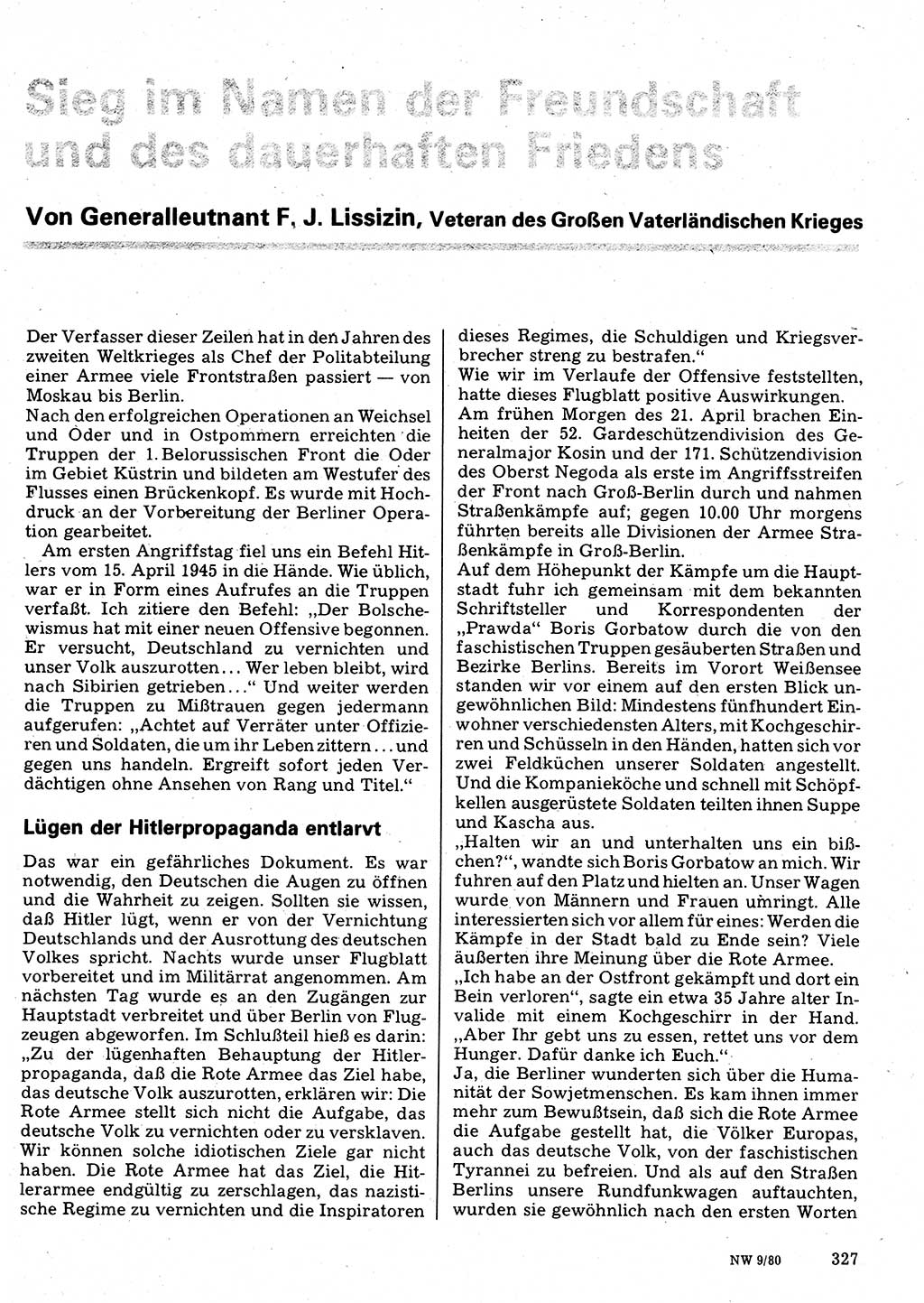 Neuer Weg (NW), Organ des Zentralkomitees (ZK) der SED (Sozialistische Einheitspartei Deutschlands) für Fragen des Parteilebens, 35. Jahrgang [Deutsche Demokratische Republik (DDR)] 1980, Seite 327 (NW ZK SED DDR 1980, S. 327)