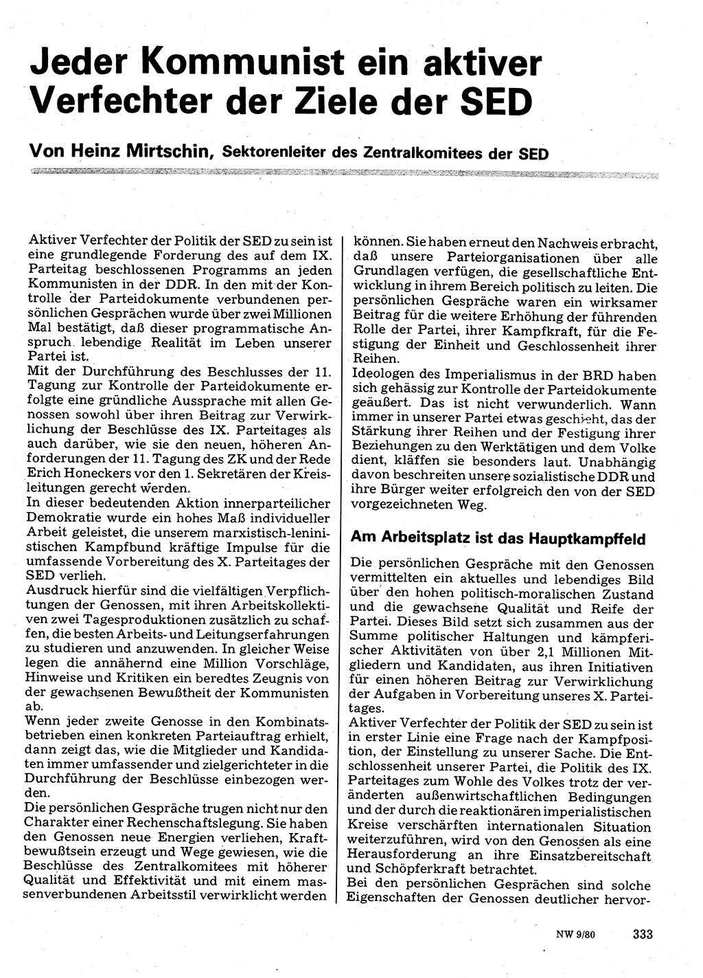 Neuer Weg (NW), Organ des Zentralkomitees (ZK) der SED (Sozialistische Einheitspartei Deutschlands) für Fragen des Parteilebens, 35. Jahrgang [Deutsche Demokratische Republik (DDR)] 1980, Seite 333 (NW ZK SED DDR 1980, S. 333)
