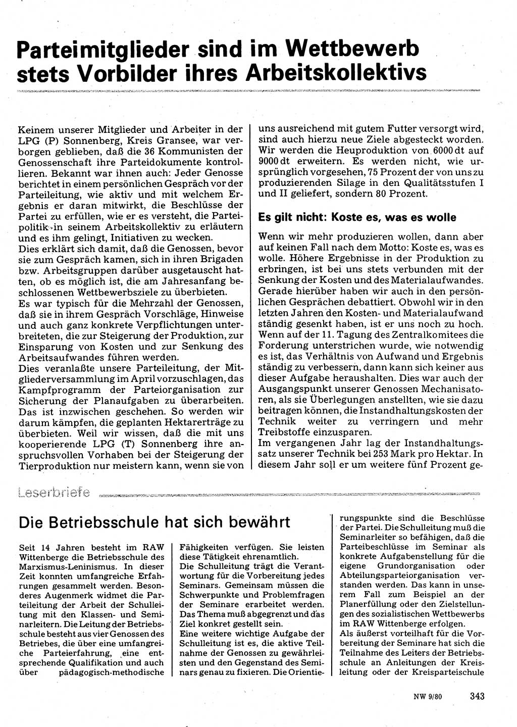 Neuer Weg (NW), Organ des Zentralkomitees (ZK) der SED (Sozialistische Einheitspartei Deutschlands) für Fragen des Parteilebens, 35. Jahrgang [Deutsche Demokratische Republik (DDR)] 1980, Seite 343 (NW ZK SED DDR 1980, S. 343)