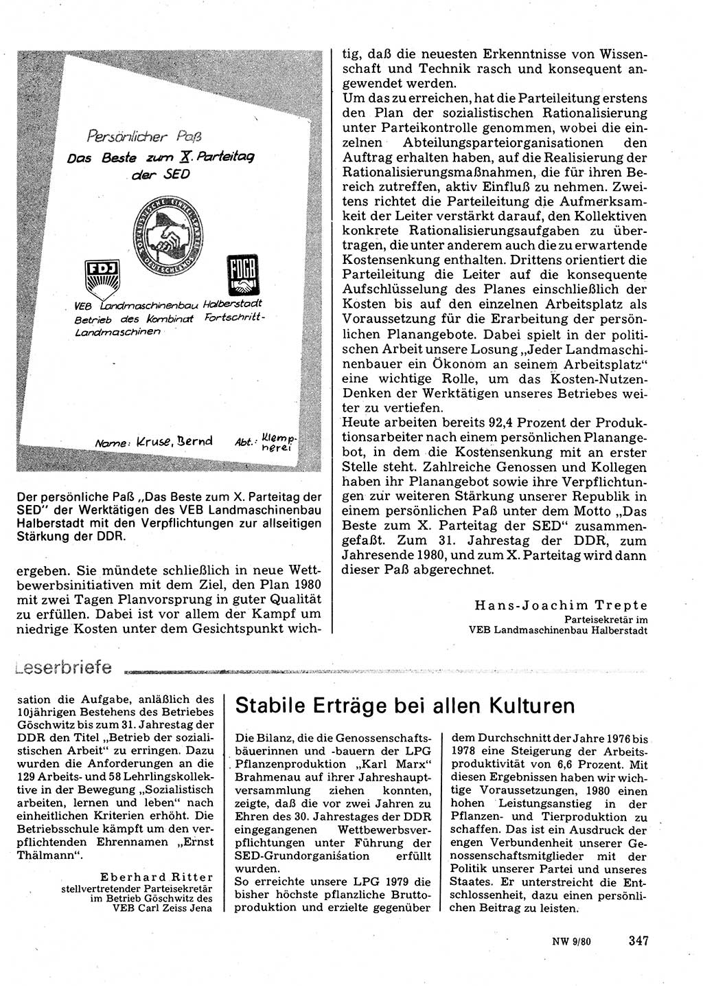 Neuer Weg (NW), Organ des Zentralkomitees (ZK) der SED (Sozialistische Einheitspartei Deutschlands) für Fragen des Parteilebens, 35. Jahrgang [Deutsche Demokratische Republik (DDR)] 1980, Seite 347 (NW ZK SED DDR 1980, S. 347)
