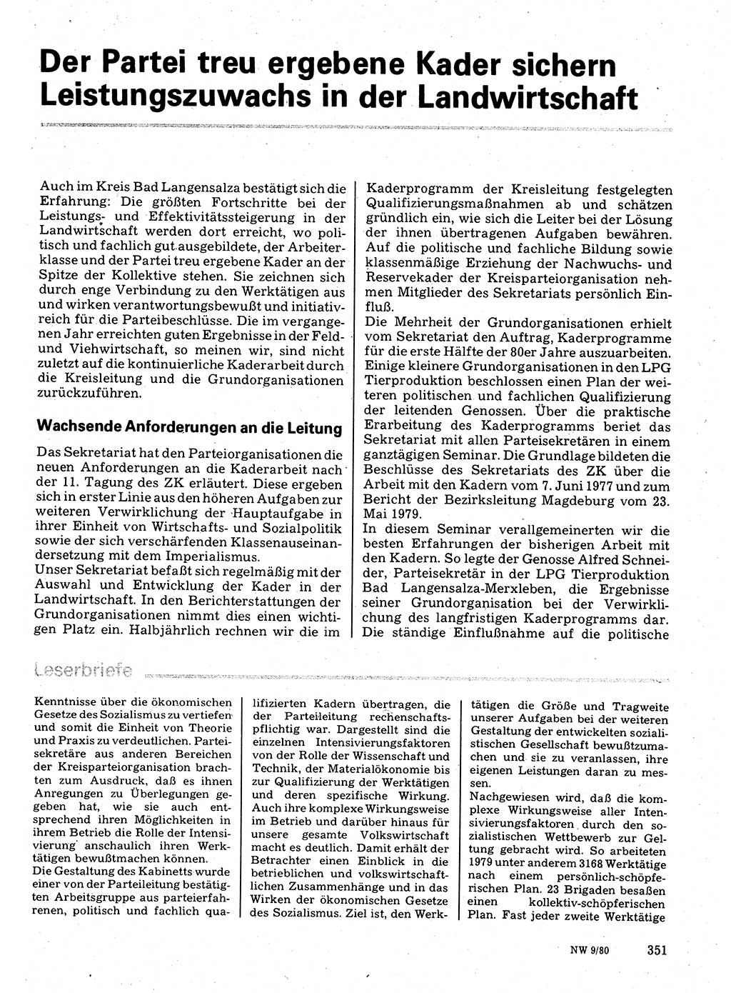 Neuer Weg (NW), Organ des Zentralkomitees (ZK) der SED (Sozialistische Einheitspartei Deutschlands) für Fragen des Parteilebens, 35. Jahrgang [Deutsche Demokratische Republik (DDR)] 1980, Seite 351 (NW ZK SED DDR 1980, S. 351)