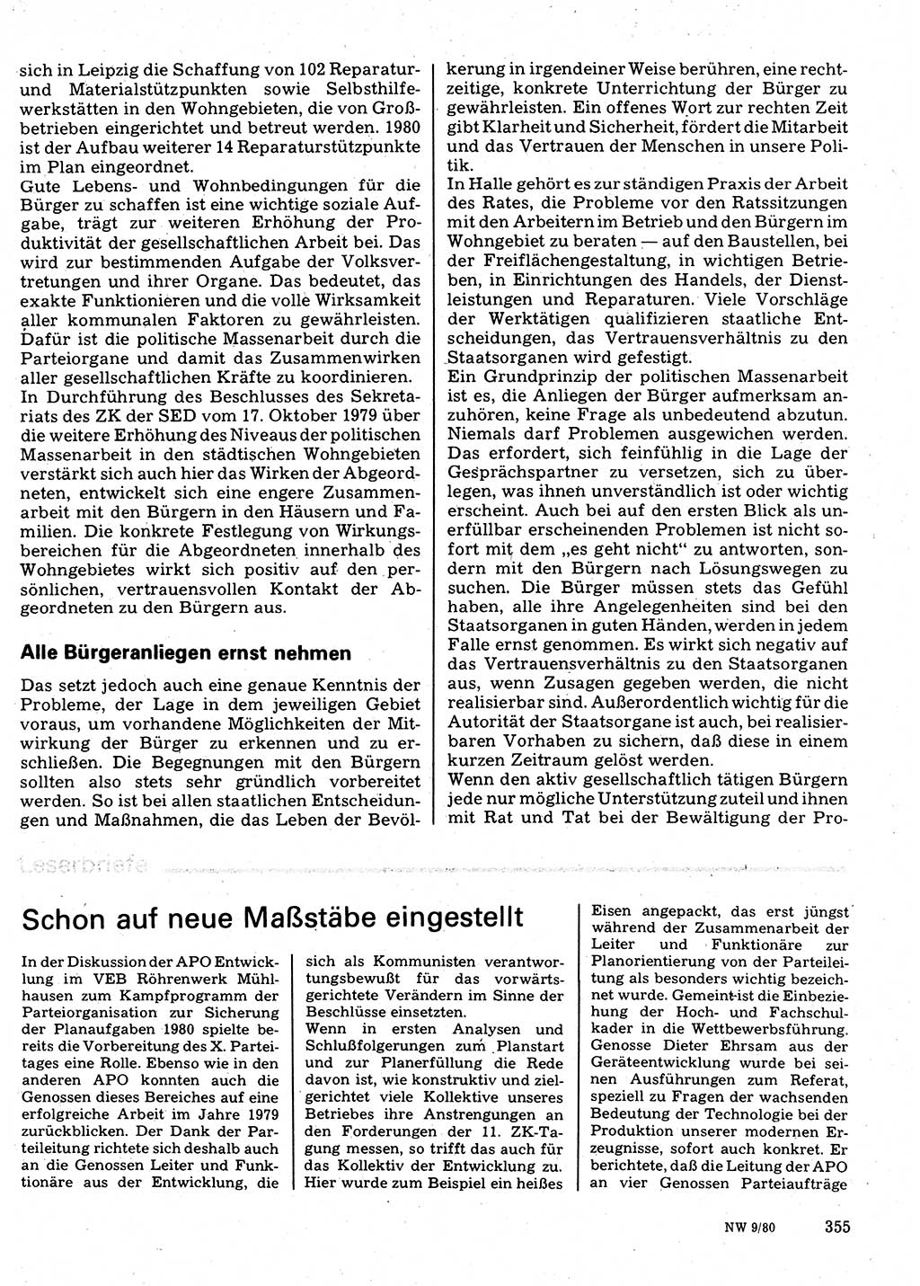 Neuer Weg (NW), Organ des Zentralkomitees (ZK) der SED (Sozialistische Einheitspartei Deutschlands) für Fragen des Parteilebens, 35. Jahrgang [Deutsche Demokratische Republik (DDR)] 1980, Seite 355 (NW ZK SED DDR 1980, S. 355)