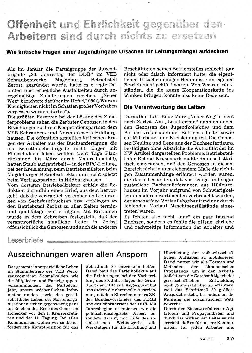 Neuer Weg (NW), Organ des Zentralkomitees (ZK) der SED (Sozialistische Einheitspartei Deutschlands) für Fragen des Parteilebens, 35. Jahrgang [Deutsche Demokratische Republik (DDR)] 1980, Seite 357 (NW ZK SED DDR 1980, S. 357)