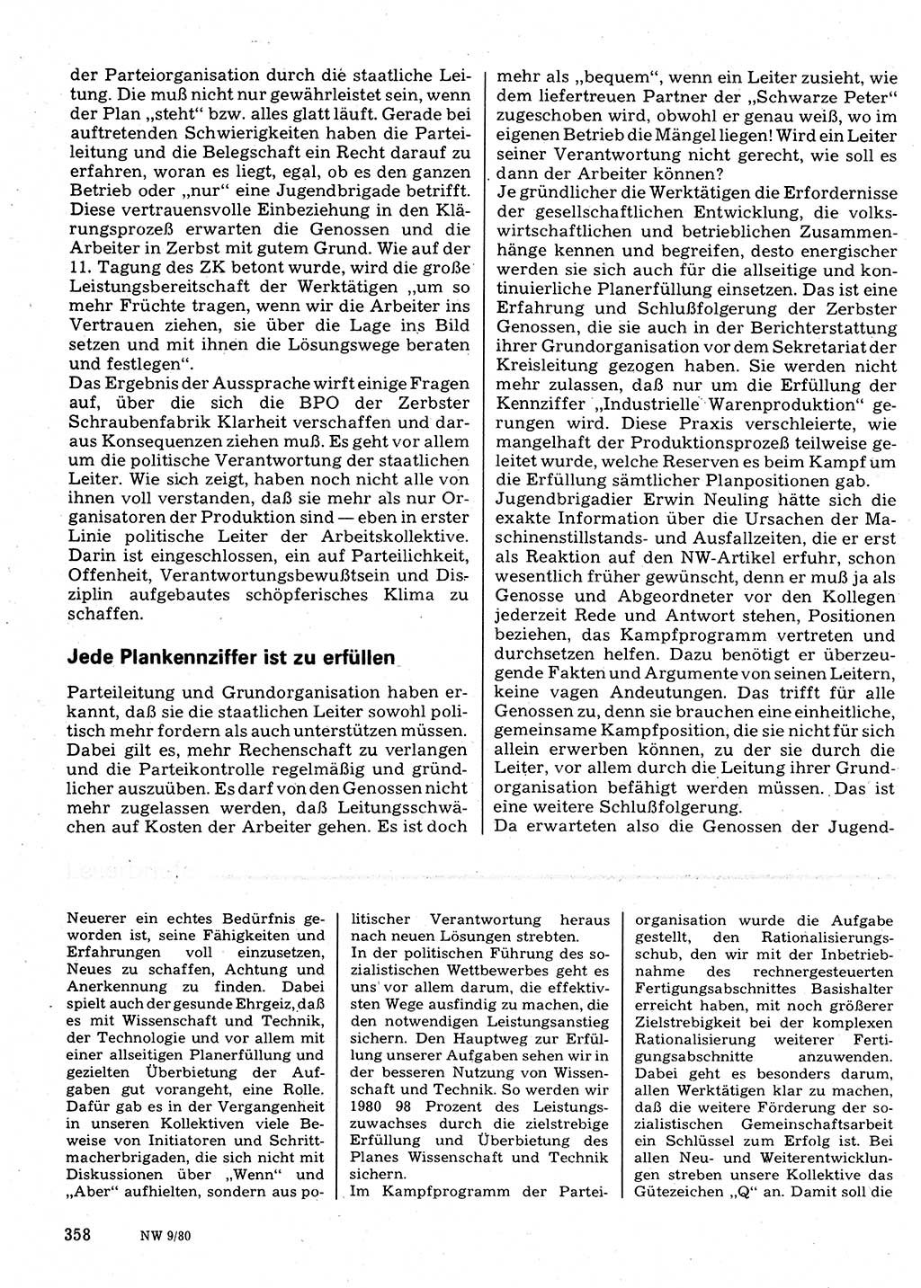 Neuer Weg (NW), Organ des Zentralkomitees (ZK) der SED (Sozialistische Einheitspartei Deutschlands) für Fragen des Parteilebens, 35. Jahrgang [Deutsche Demokratische Republik (DDR)] 1980, Seite 358 (NW ZK SED DDR 1980, S. 358)