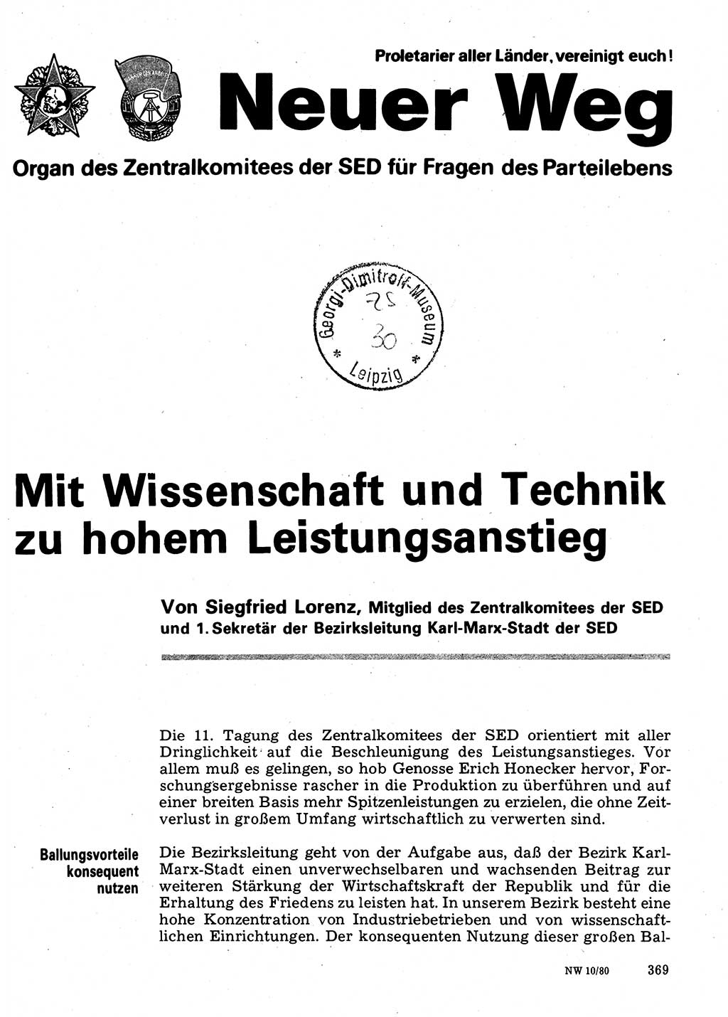 Neuer Weg (NW), Organ des Zentralkomitees (ZK) der SED (Sozialistische Einheitspartei Deutschlands) für Fragen des Parteilebens, 35. Jahrgang [Deutsche Demokratische Republik (DDR)] 1980, Seite 369 (NW ZK SED DDR 1980, S. 369)