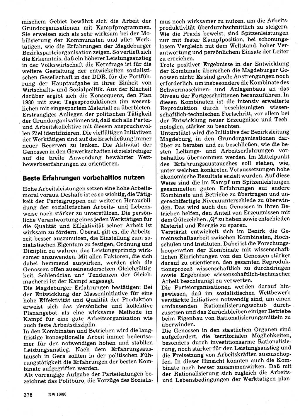 Neuer Weg (NW), Organ des Zentralkomitees (ZK) der SED (Sozialistische Einheitspartei Deutschlands) für Fragen des Parteilebens, 35. Jahrgang [Deutsche Demokratische Republik (DDR)] 1980, Seite 376 (NW ZK SED DDR 1980, S. 376)