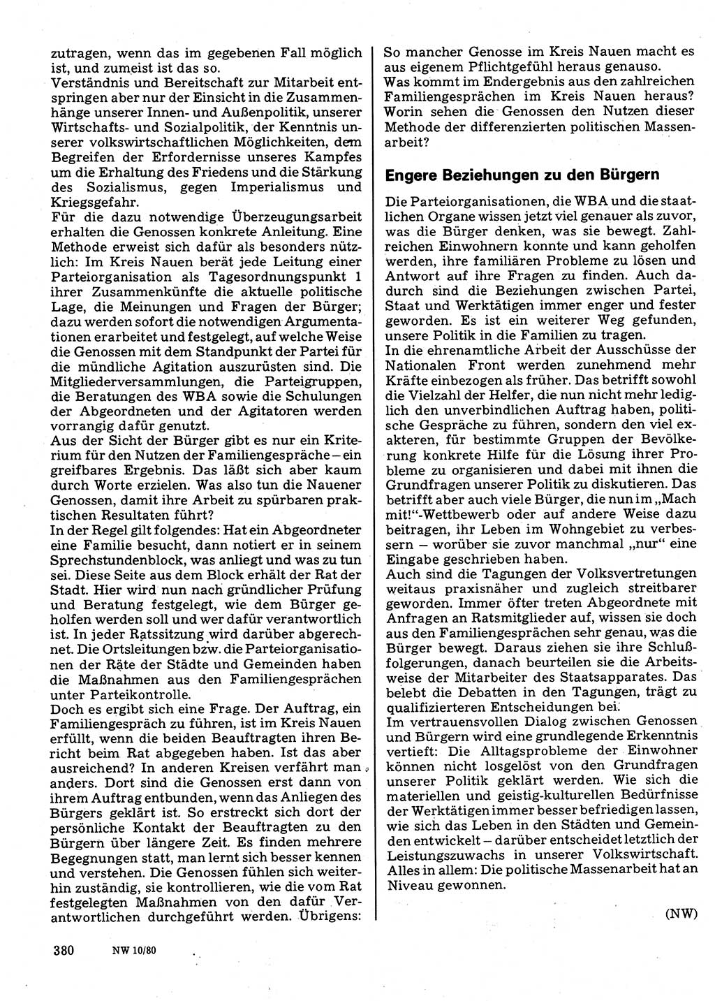 Neuer Weg (NW), Organ des Zentralkomitees (ZK) der SED (Sozialistische Einheitspartei Deutschlands) für Fragen des Parteilebens, 35. Jahrgang [Deutsche Demokratische Republik (DDR)] 1980, Seite 380 (NW ZK SED DDR 1980, S. 380)