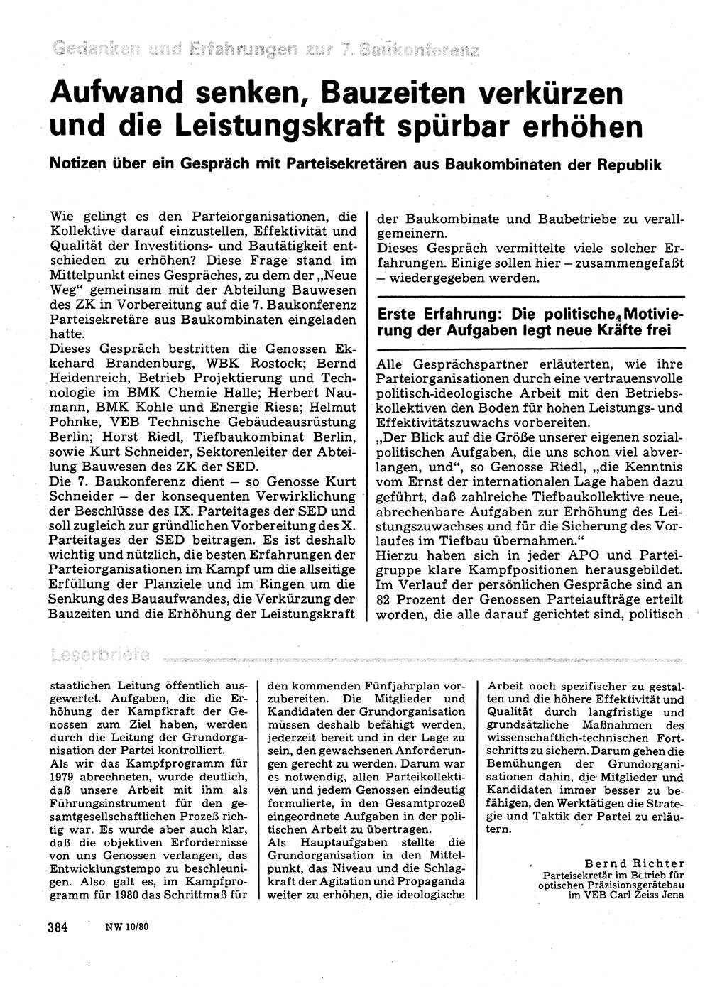 Neuer Weg (NW), Organ des Zentralkomitees (ZK) der SED (Sozialistische Einheitspartei Deutschlands) für Fragen des Parteilebens, 35. Jahrgang [Deutsche Demokratische Republik (DDR)] 1980, Seite 384 (NW ZK SED DDR 1980, S. 384)