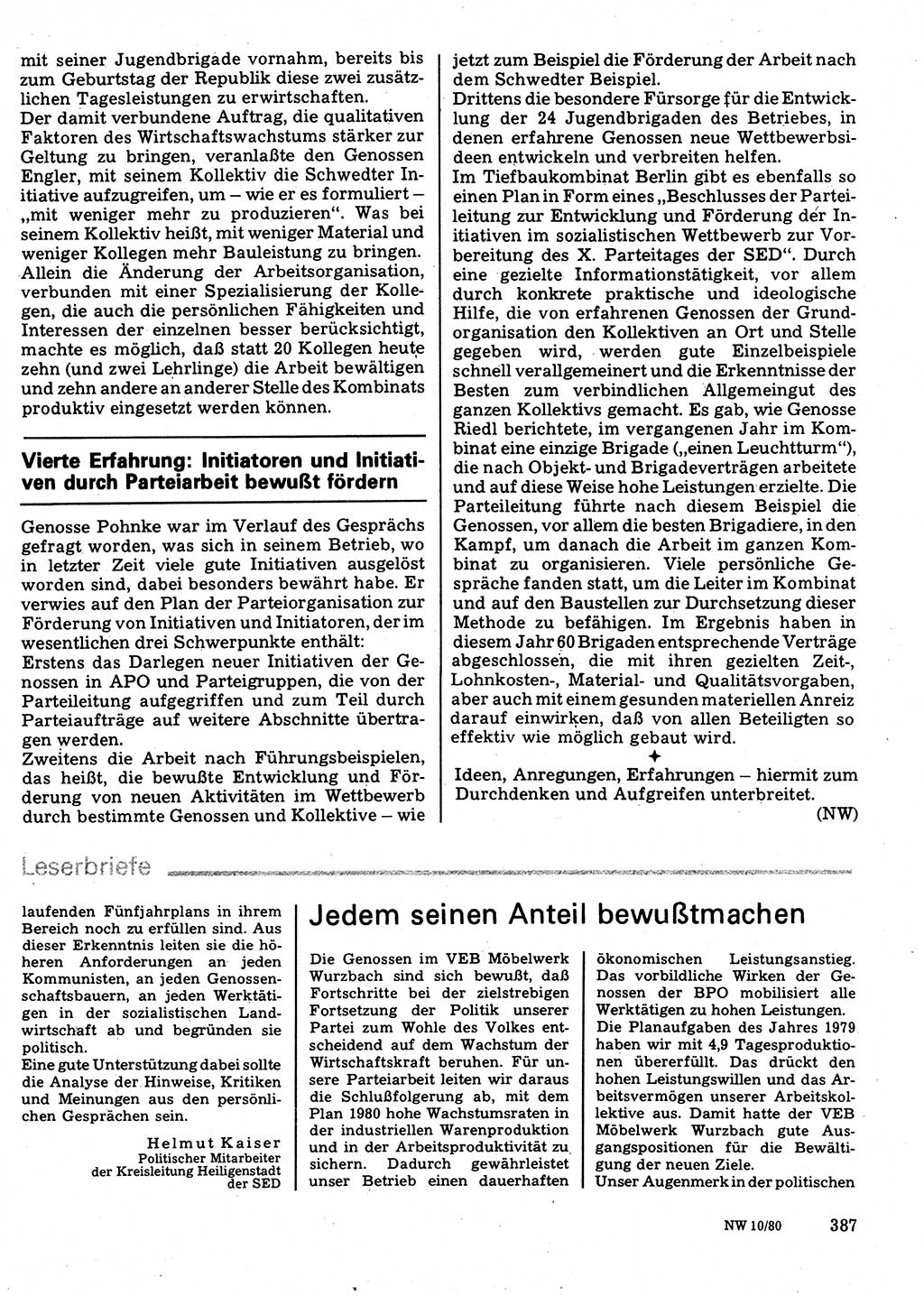 Neuer Weg (NW), Organ des Zentralkomitees (ZK) der SED (Sozialistische Einheitspartei Deutschlands) für Fragen des Parteilebens, 35. Jahrgang [Deutsche Demokratische Republik (DDR)] 1980, Seite 387 (NW ZK SED DDR 1980, S. 387)