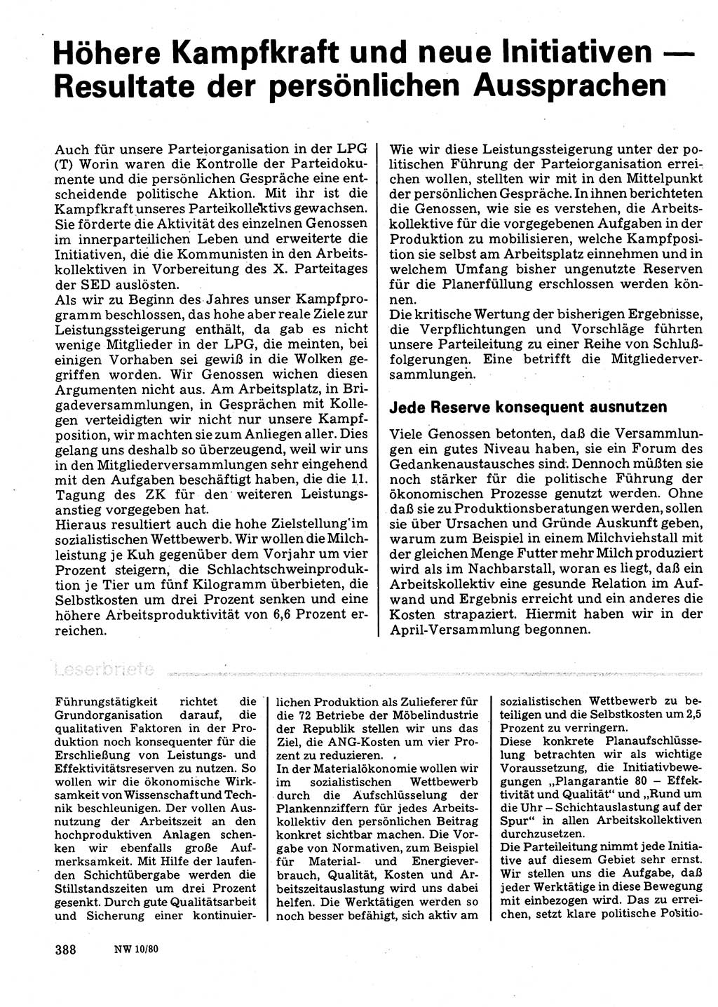 Neuer Weg (NW), Organ des Zentralkomitees (ZK) der SED (Sozialistische Einheitspartei Deutschlands) für Fragen des Parteilebens, 35. Jahrgang [Deutsche Demokratische Republik (DDR)] 1980, Seite 388 (NW ZK SED DDR 1980, S. 388)