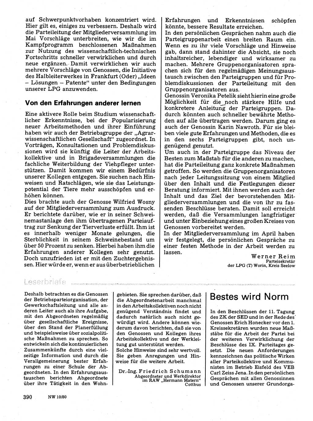 Neuer Weg (NW), Organ des Zentralkomitees (ZK) der SED (Sozialistische Einheitspartei Deutschlands) für Fragen des Parteilebens, 35. Jahrgang [Deutsche Demokratische Republik (DDR)] 1980, Seite 390 (NW ZK SED DDR 1980, S. 390)