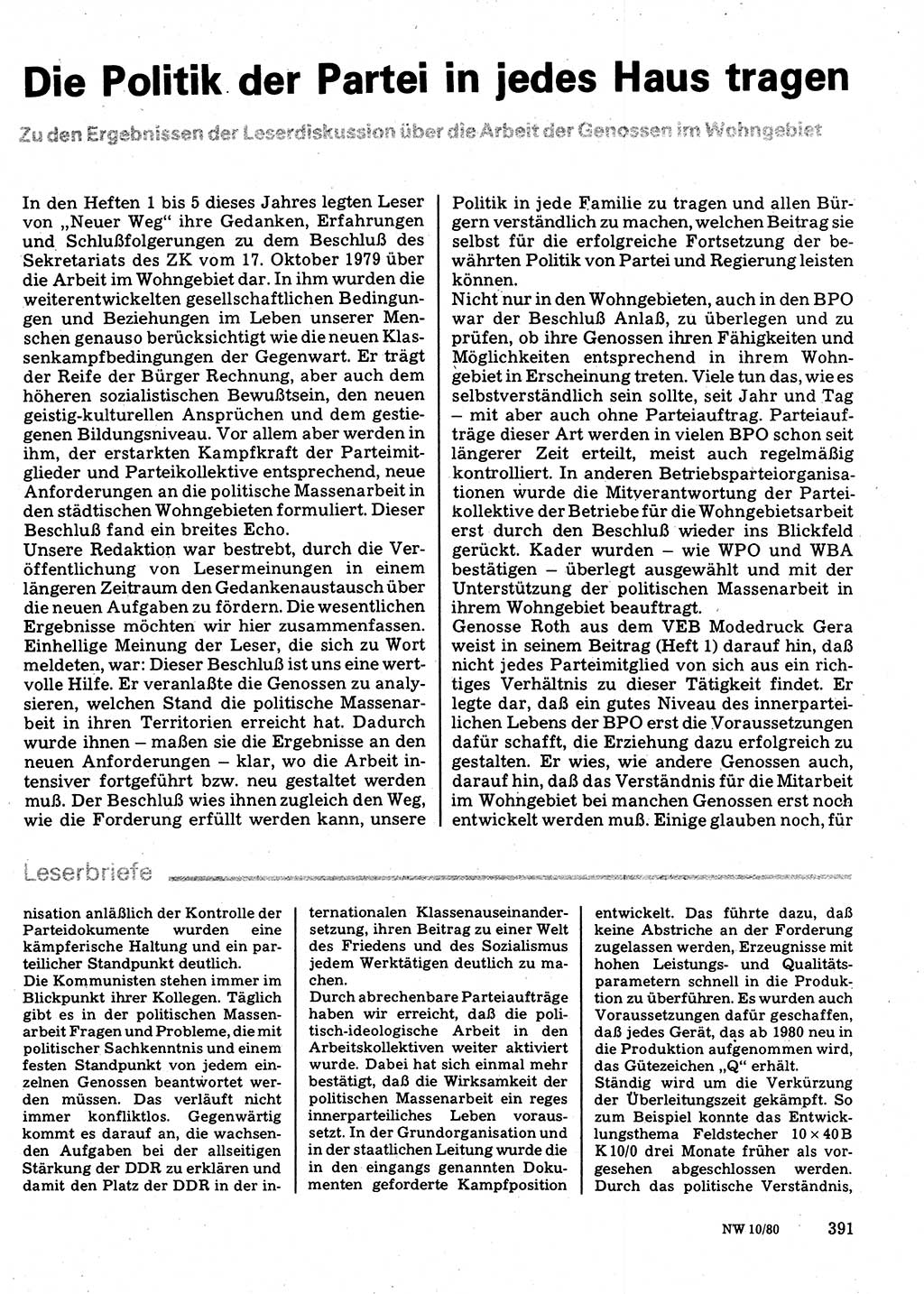 Neuer Weg (NW), Organ des Zentralkomitees (ZK) der SED (Sozialistische Einheitspartei Deutschlands) für Fragen des Parteilebens, 35. Jahrgang [Deutsche Demokratische Republik (DDR)] 1980, Seite 391 (NW ZK SED DDR 1980, S. 391)