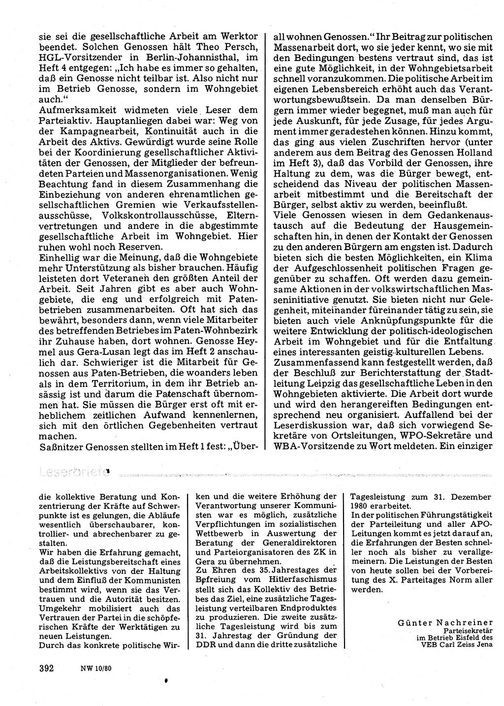 Neuer Weg (NW), Organ des Zentralkomitees (ZK) der SED (Sozialistische Einheitspartei Deutschlands) für Fragen des Parteilebens, 35. Jahrgang [Deutsche Demokratische Republik (DDR)] 1980, Seite 392 (NW ZK SED DDR 1980, S. 392)