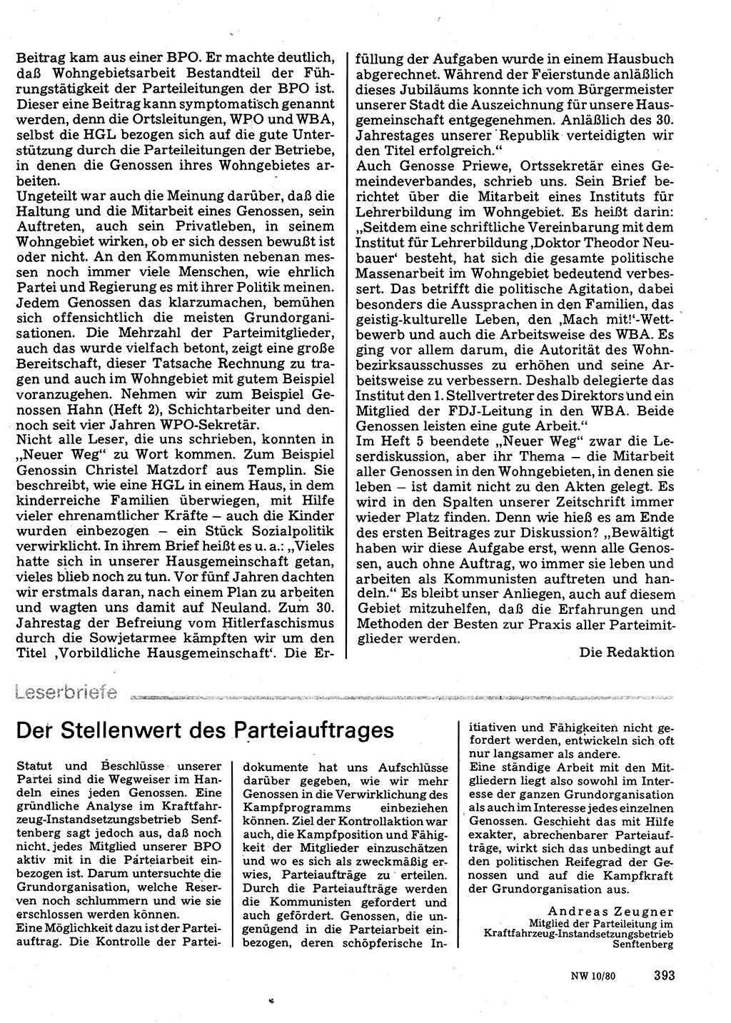 Neuer Weg (NW), Organ des Zentralkomitees (ZK) der SED (Sozialistische Einheitspartei Deutschlands) für Fragen des Parteilebens, 35. Jahrgang [Deutsche Demokratische Republik (DDR)] 1980, Seite 393 (NW ZK SED DDR 1980, S. 393)