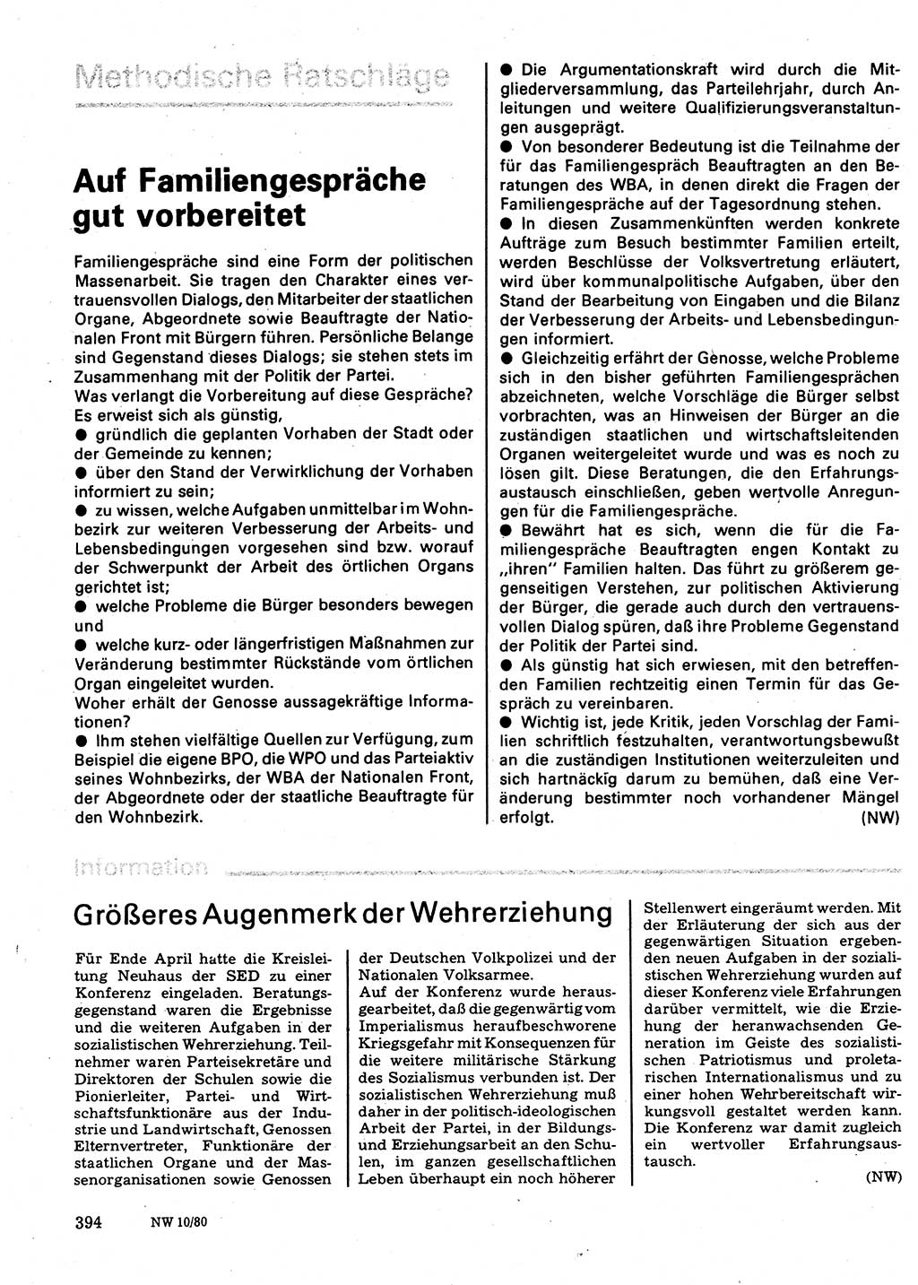 Neuer Weg (NW), Organ des Zentralkomitees (ZK) der SED (Sozialistische Einheitspartei Deutschlands) für Fragen des Parteilebens, 35. Jahrgang [Deutsche Demokratische Republik (DDR)] 1980, Seite 394 (NW ZK SED DDR 1980, S. 394)