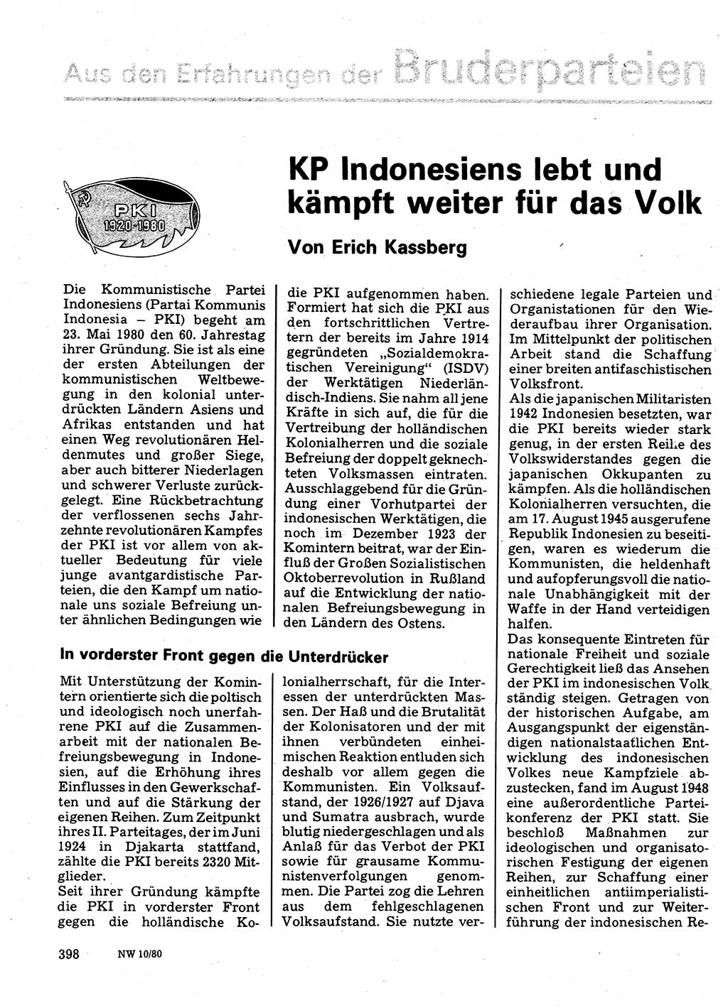 Neuer Weg (NW), Organ des Zentralkomitees (ZK) der SED (Sozialistische Einheitspartei Deutschlands) für Fragen des Parteilebens, 35. Jahrgang [Deutsche Demokratische Republik (DDR)] 1980, Seite 398 (NW ZK SED DDR 1980, S. 398)