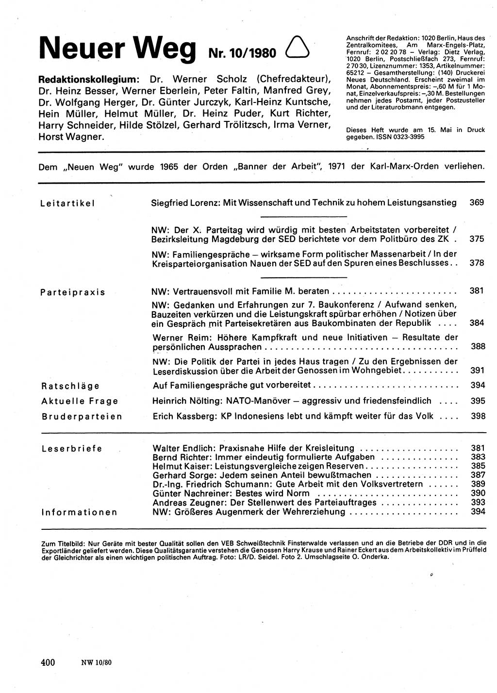 Neuer Weg (NW), Organ des Zentralkomitees (ZK) der SED (Sozialistische Einheitspartei Deutschlands) für Fragen des Parteilebens, 35. Jahrgang [Deutsche Demokratische Republik (DDR)] 1980, Seite 400 (NW ZK SED DDR 1980, S. 400)