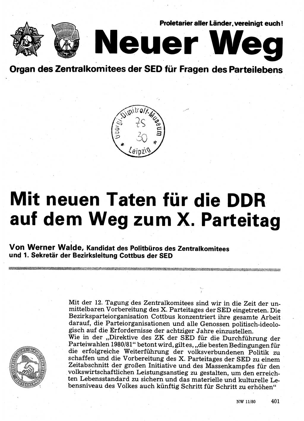 Neuer Weg (NW), Organ des Zentralkomitees (ZK) der SED (Sozialistische Einheitspartei Deutschlands) für Fragen des Parteilebens, 35. Jahrgang [Deutsche Demokratische Republik (DDR)] 1980, Seite 401 (NW ZK SED DDR 1980, S. 401)