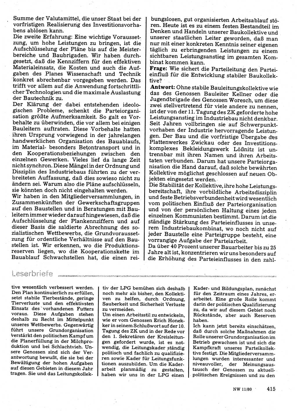 Neuer Weg (NW), Organ des Zentralkomitees (ZK) der SED (Sozialistische Einheitspartei Deutschlands) für Fragen des Parteilebens, 35. Jahrgang [Deutsche Demokratische Republik (DDR)] 1980, Seite 415 (NW ZK SED DDR 1980, S. 415)