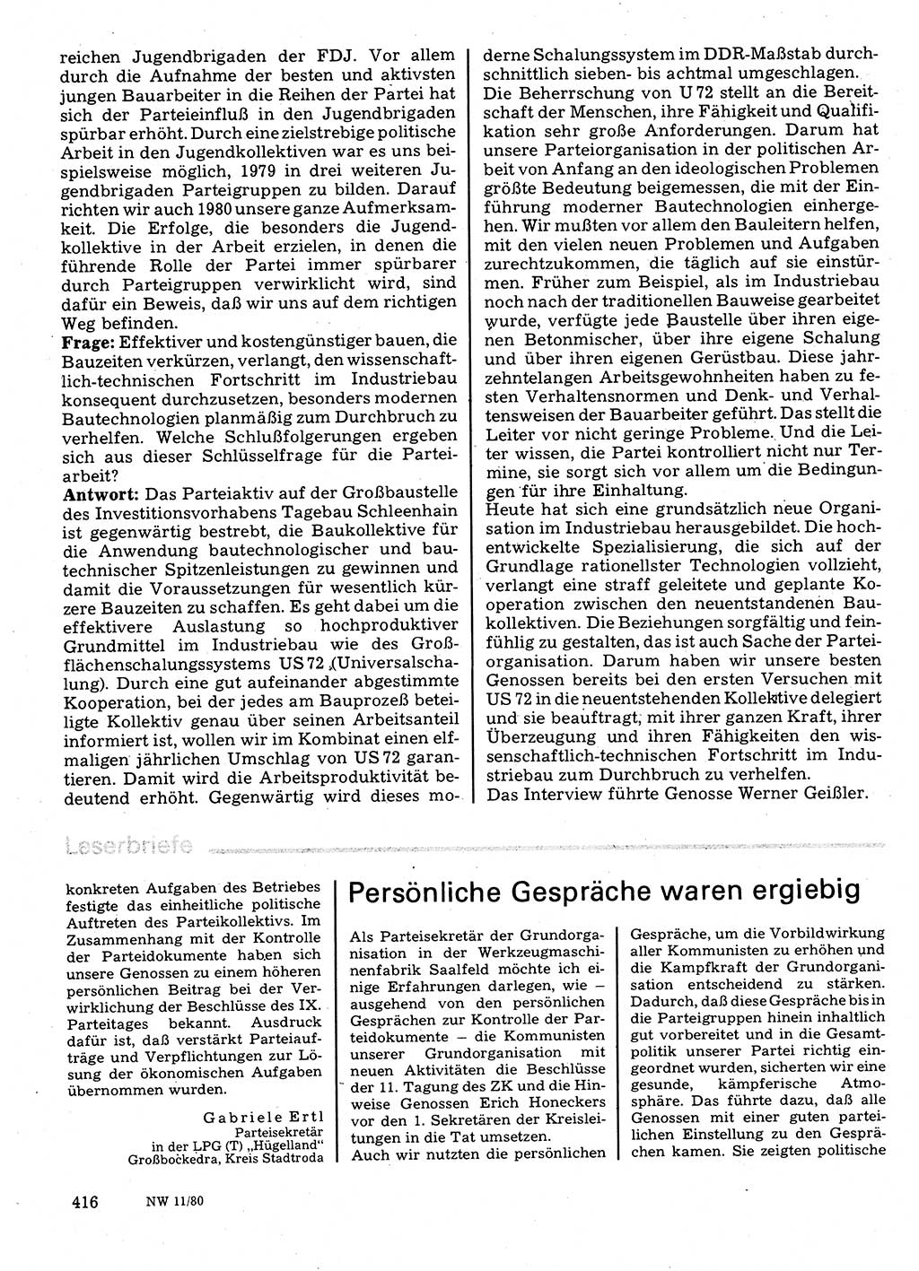 Neuer Weg (NW), Organ des Zentralkomitees (ZK) der SED (Sozialistische Einheitspartei Deutschlands) für Fragen des Parteilebens, 35. Jahrgang [Deutsche Demokratische Republik (DDR)] 1980, Seite 416 (NW ZK SED DDR 1980, S. 416)