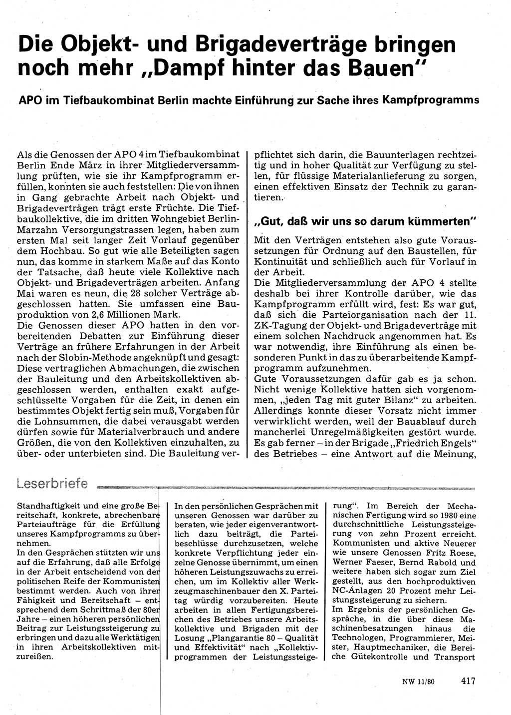 Neuer Weg (NW), Organ des Zentralkomitees (ZK) der SED (Sozialistische Einheitspartei Deutschlands) für Fragen des Parteilebens, 35. Jahrgang [Deutsche Demokratische Republik (DDR)] 1980, Seite 417 (NW ZK SED DDR 1980, S. 417)