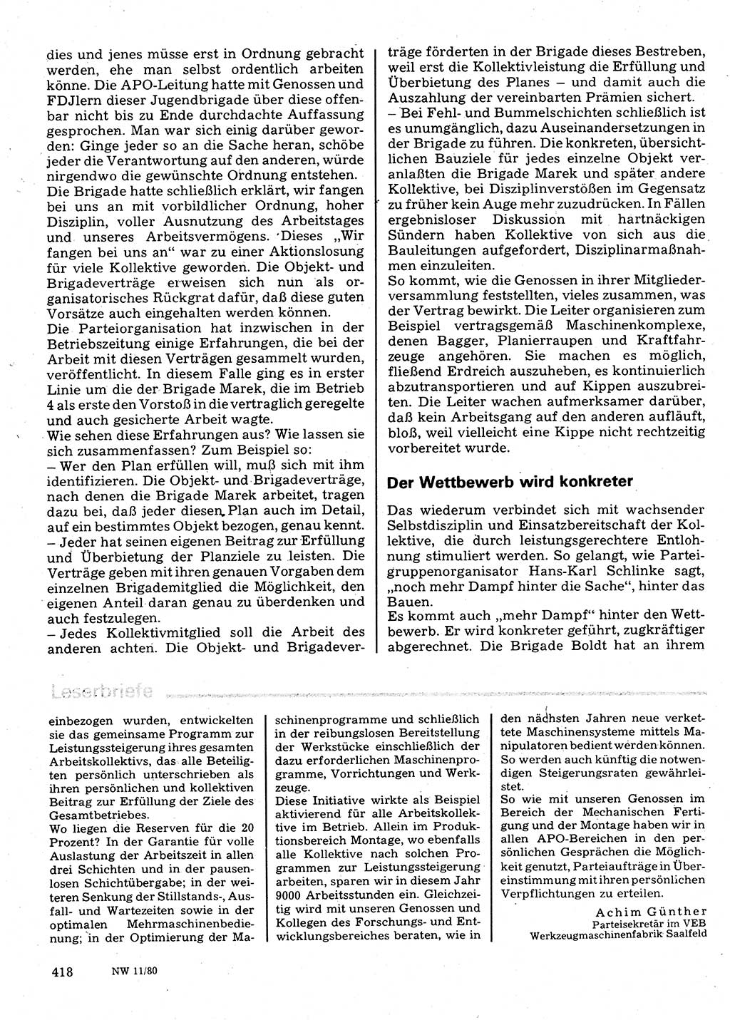 Neuer Weg (NW), Organ des Zentralkomitees (ZK) der SED (Sozialistische Einheitspartei Deutschlands) für Fragen des Parteilebens, 35. Jahrgang [Deutsche Demokratische Republik (DDR)] 1980, Seite 418 (NW ZK SED DDR 1980, S. 418)
