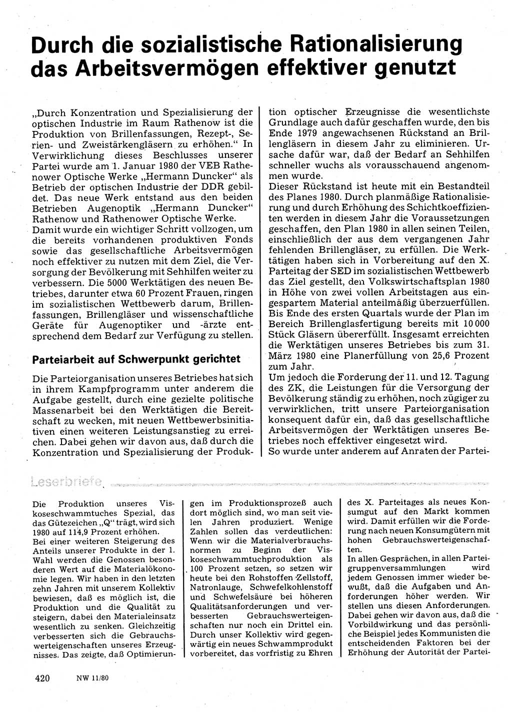 Neuer Weg (NW), Organ des Zentralkomitees (ZK) der SED (Sozialistische Einheitspartei Deutschlands) für Fragen des Parteilebens, 35. Jahrgang [Deutsche Demokratische Republik (DDR)] 1980, Seite 420 (NW ZK SED DDR 1980, S. 420)