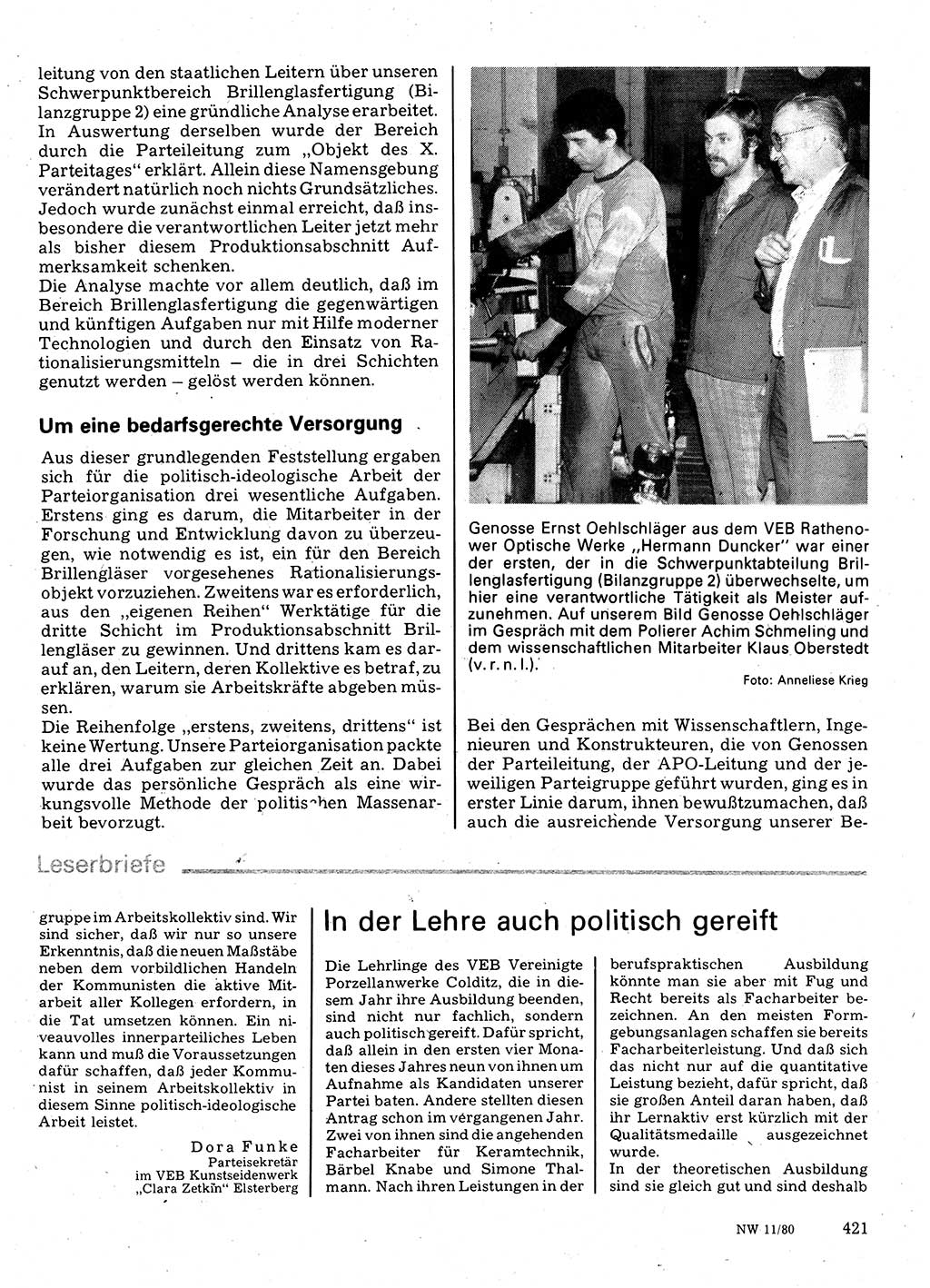 Neuer Weg (NW), Organ des Zentralkomitees (ZK) der SED (Sozialistische Einheitspartei Deutschlands) für Fragen des Parteilebens, 35. Jahrgang [Deutsche Demokratische Republik (DDR)] 1980, Seite 421 (NW ZK SED DDR 1980, S. 421)