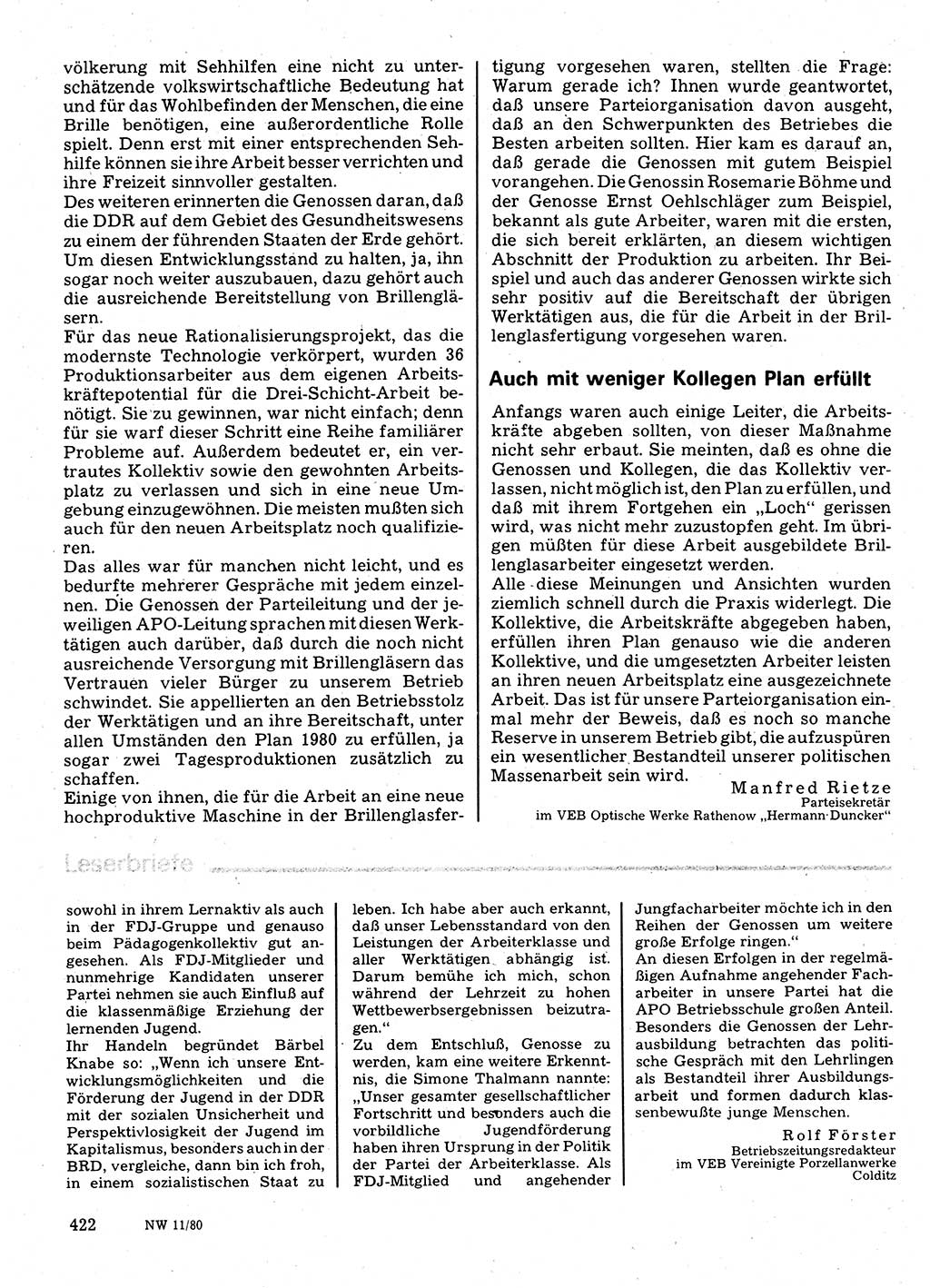 Neuer Weg (NW), Organ des Zentralkomitees (ZK) der SED (Sozialistische Einheitspartei Deutschlands) für Fragen des Parteilebens, 35. Jahrgang [Deutsche Demokratische Republik (DDR)] 1980, Seite 422 (NW ZK SED DDR 1980, S. 422)