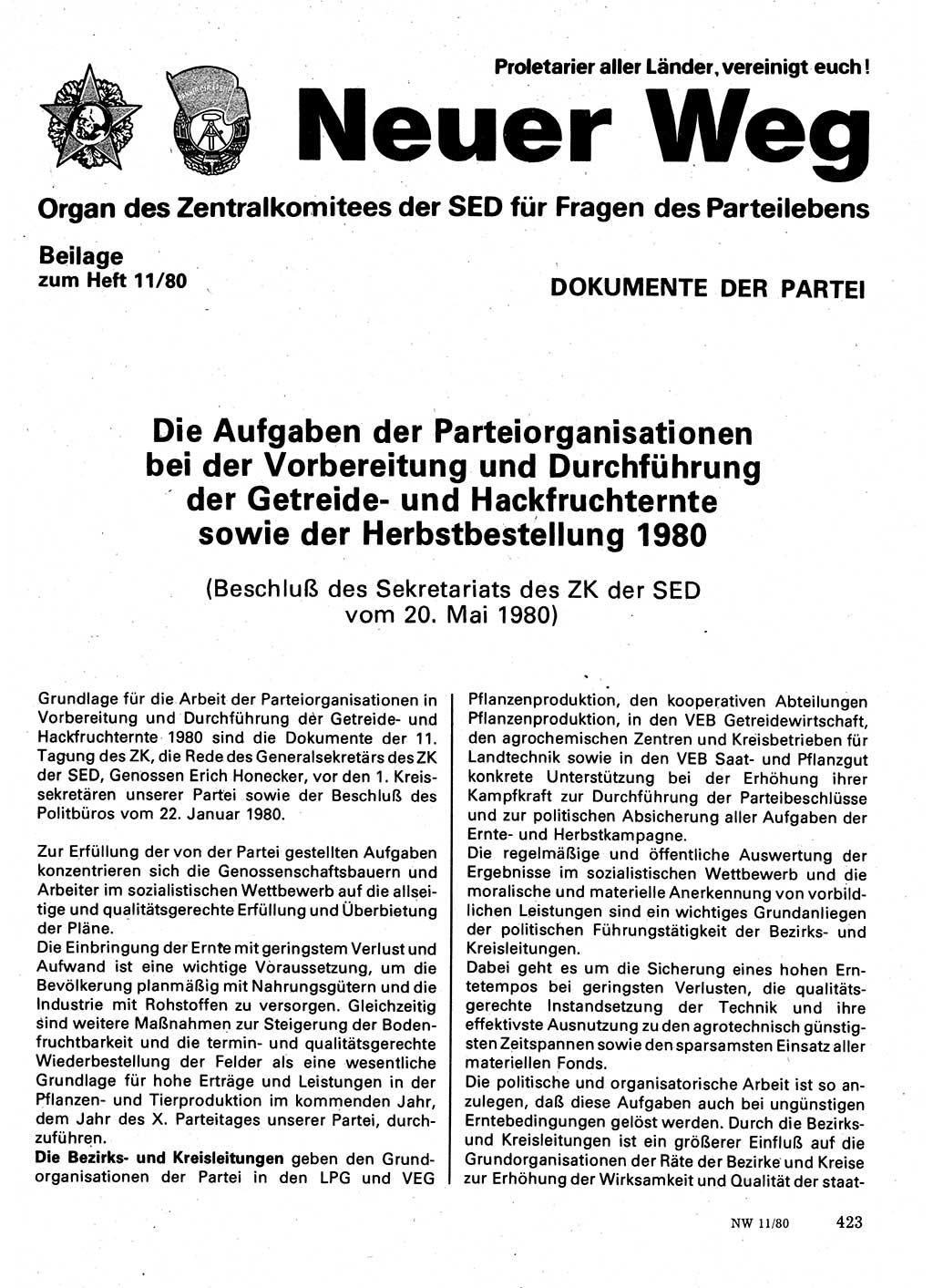 Neuer Weg (NW), Organ des Zentralkomitees (ZK) der SED (Sozialistische Einheitspartei Deutschlands) für Fragen des Parteilebens, 35. Jahrgang [Deutsche Demokratische Republik (DDR)] 1980, Seite 423 (NW ZK SED DDR 1980, S. 423)