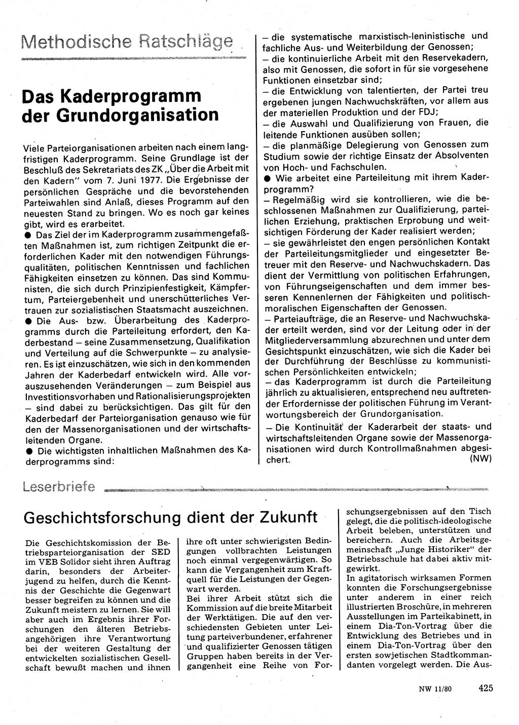 Neuer Weg (NW), Organ des Zentralkomitees (ZK) der SED (Sozialistische Einheitspartei Deutschlands) für Fragen des Parteilebens, 35. Jahrgang [Deutsche Demokratische Republik (DDR)] 1980, Seite 425 (NW ZK SED DDR 1980, S. 425)