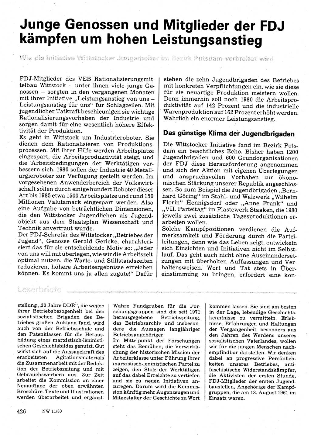 Neuer Weg (NW), Organ des Zentralkomitees (ZK) der SED (Sozialistische Einheitspartei Deutschlands) für Fragen des Parteilebens, 35. Jahrgang [Deutsche Demokratische Republik (DDR)] 1980, Seite 426 (NW ZK SED DDR 1980, S. 426)