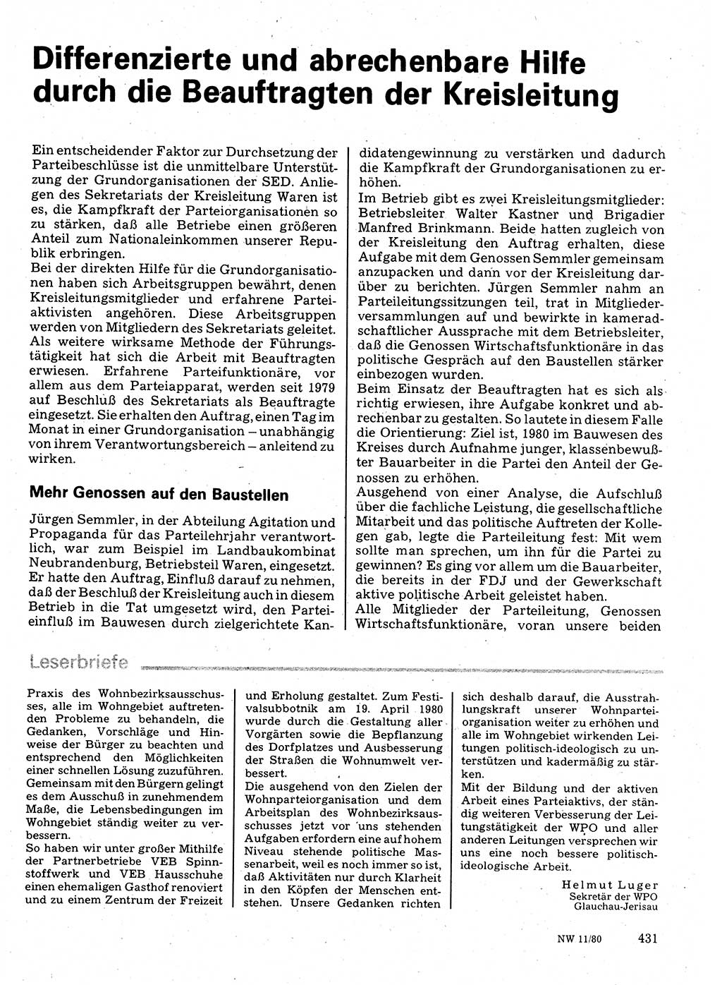 Neuer Weg (NW), Organ des Zentralkomitees (ZK) der SED (Sozialistische Einheitspartei Deutschlands) für Fragen des Parteilebens, 35. Jahrgang [Deutsche Demokratische Republik (DDR)] 1980, Seite 431 (NW ZK SED DDR 1980, S. 431)